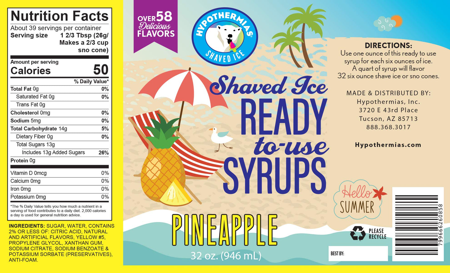 Hypothermias Shaved Ice & Snow Cone Syrup Syrup - BPA-Free Plastic Bottle Quart (32 Fl Oz) - Pineapple - Non-GMO 100% Pure Cane