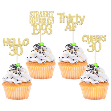 Gyufise 24Pcs Gold Glitter Straight Outta 1993 30th Birthday Cupcake Toppers Hello 30 Thirty Cake Picks Decorations for 30th Bir