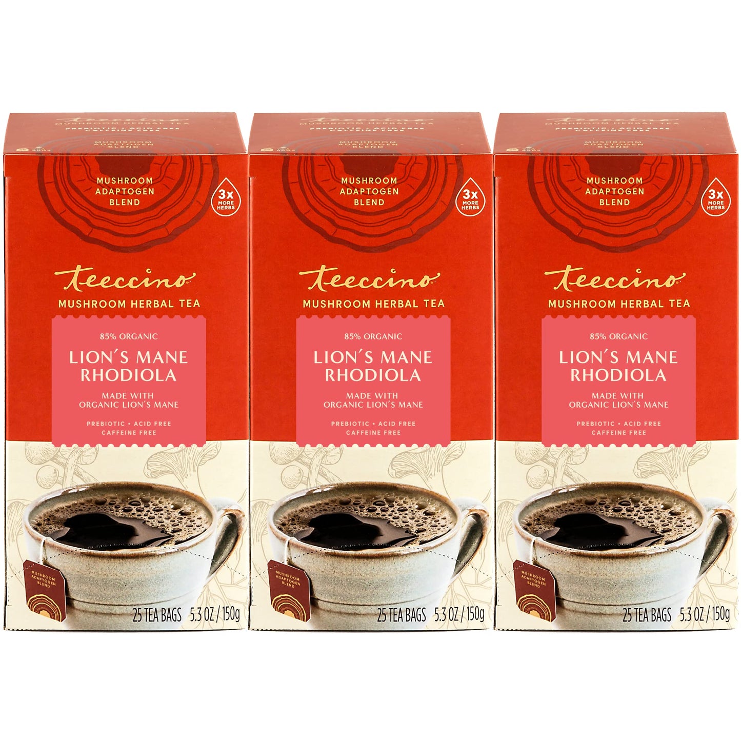 Teeccino Lions Mane Rhodiola Tea - Rose - Energy Blend-Free Mushroom Adaptogenic Herbal Tea  3X More Herbs Than Regular Tea Bags  Lightly Sweet From Dates & Figs  Chicory Prebiotic - 25 Tea Bags (Pack Of 3)