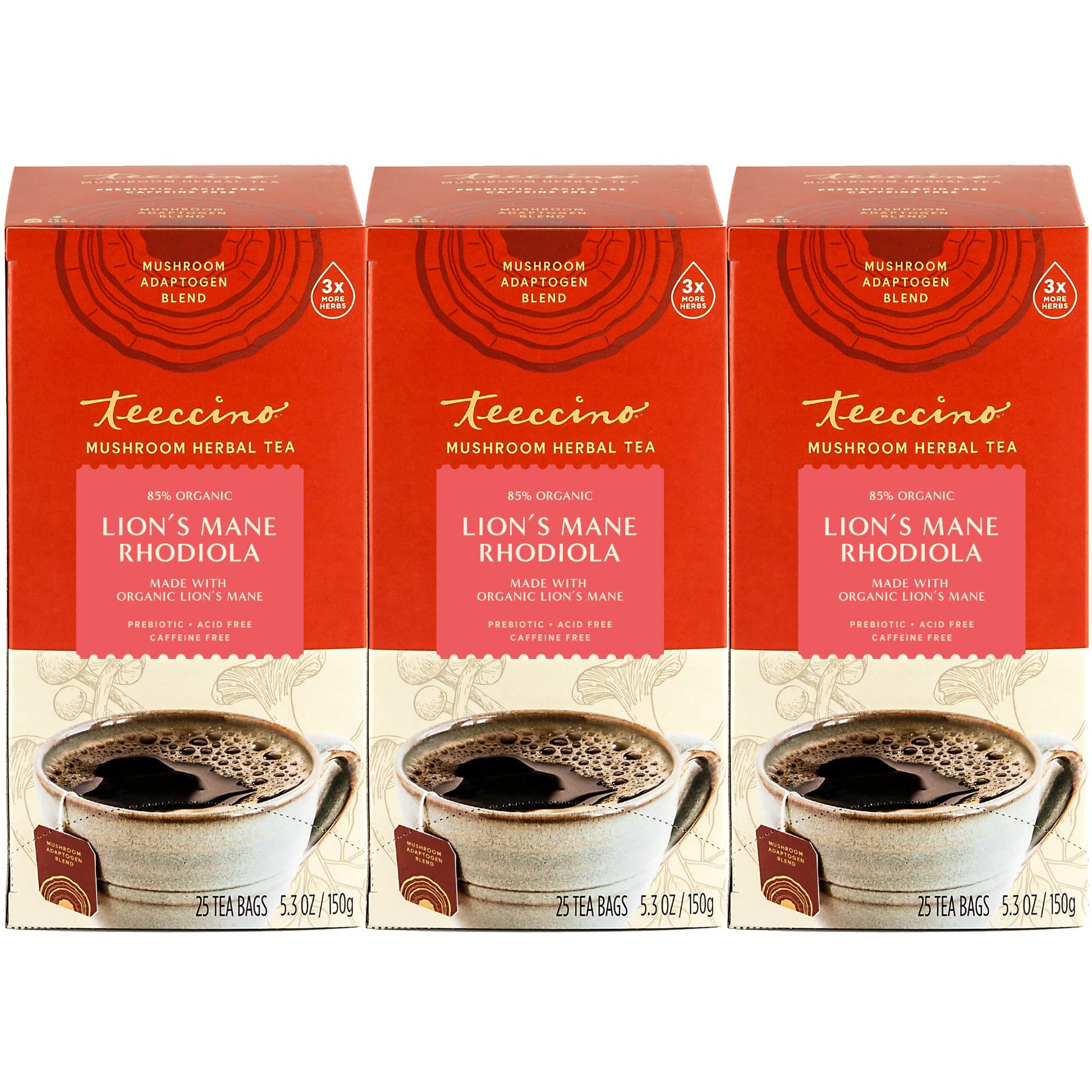 Teeccino Lions Mane Rhodiola Tea - Rose - Energy Blend-Free Mushroom Adaptogenic Herbal Tea  3X More Herbs Than Regular Tea Bags  Lightly Sweet From Dates & Figs  Chicory Prebiotic - 25 Tea Bags (Pack Of 3)