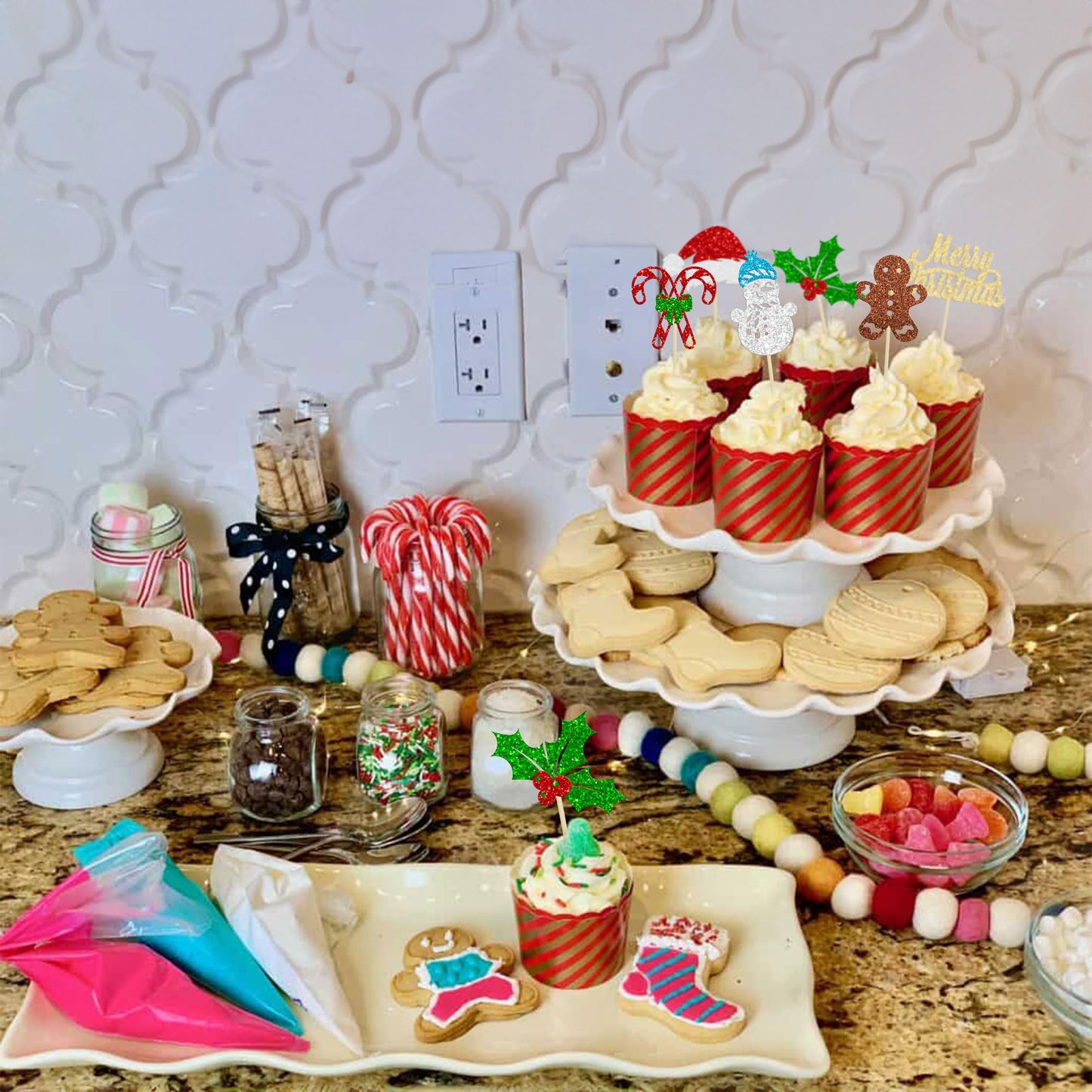 24Pcs Merry Christmas Cupcake Toppers Glitter Santa Claus Gingerbread Santa Hat Cake Topper Decorations For Merry Christmas Them