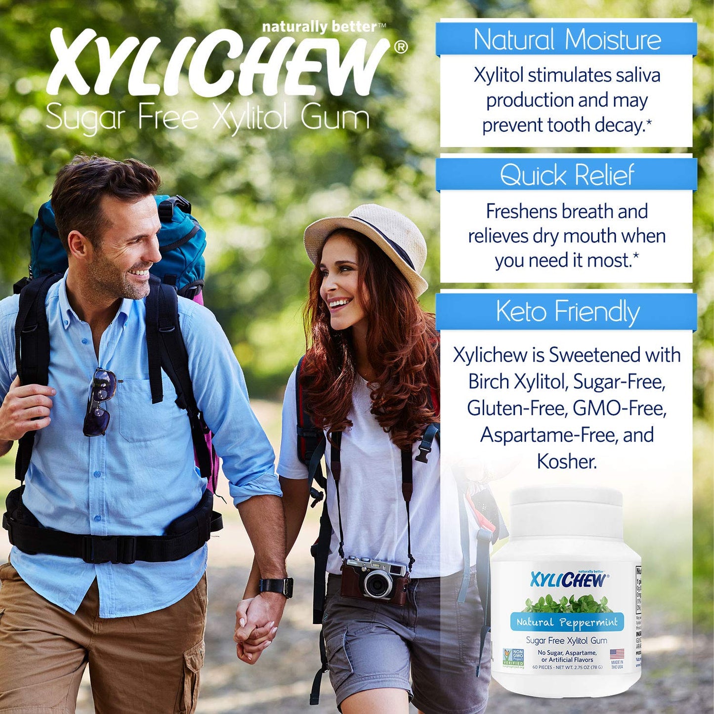 Xylichew Xylitol Chewing Gum - Sugar Free, Non-GMO, Peppermint Flavor - 60 Count