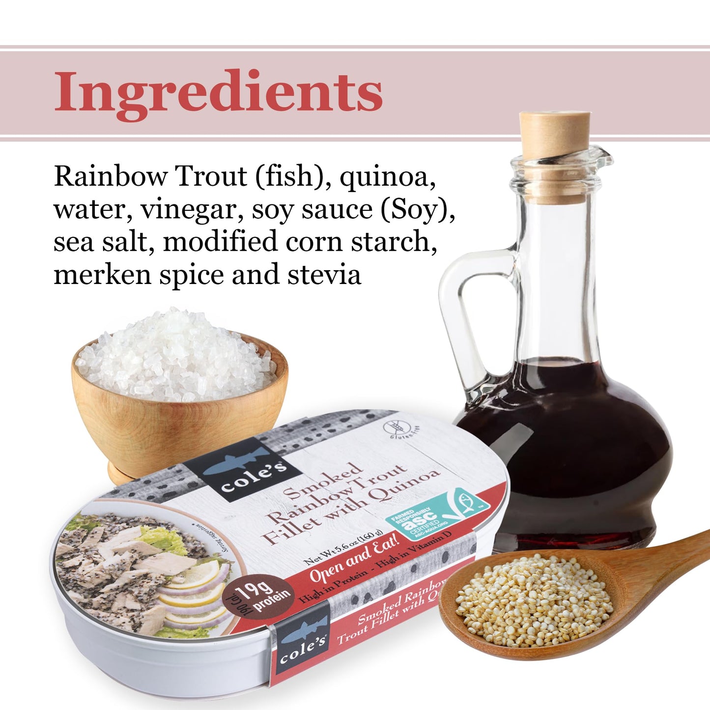 Coles Smoked Rainbow Trout Fillet with Quinoa, 5.6 oz, Ready to Eat, 12 Pack, 19g Protein, High in Vitamin D