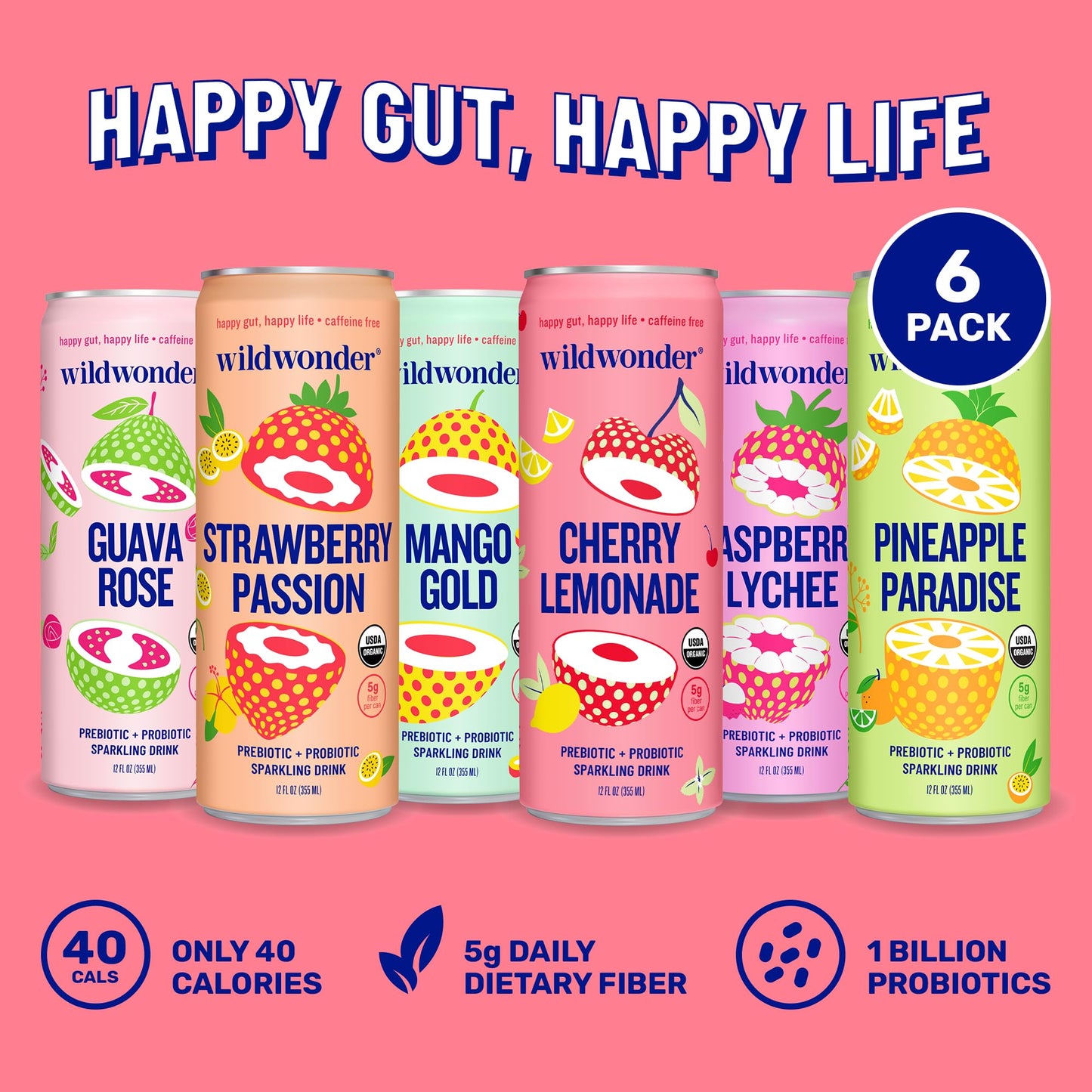 Wildwonder Sparkling Probiotic Drink 6Pk, For Gut Health & Immune Support, Classic Variety Pack, 5G Prebiotic Fiber, Live Probiotics, Organic, Vegan, Low Sugar, 6 Pack, 12Oz Can, Seen On Shark Tank