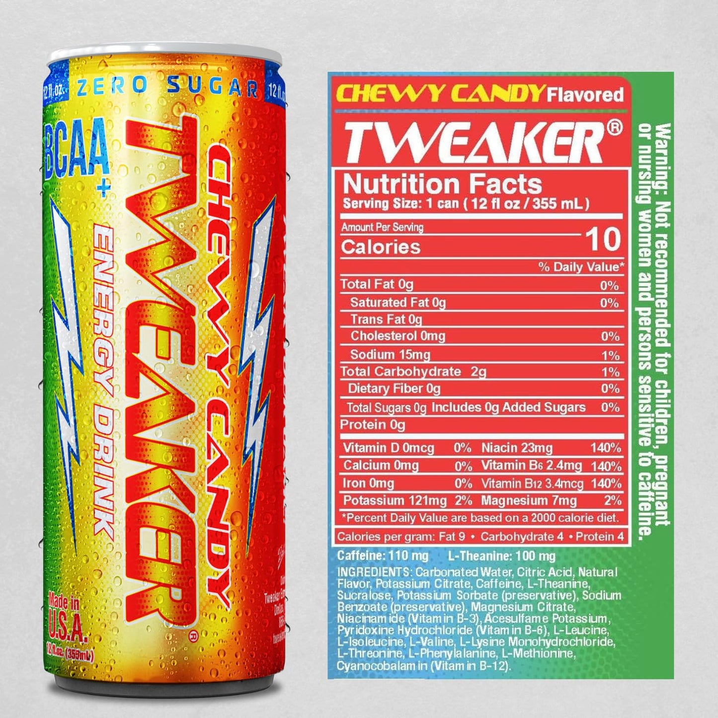 Tweaker Energy Drink Pre Workout, Sugar Free, Low Calorie, 110 mg Caffeine, 12 oz, Pack of 12