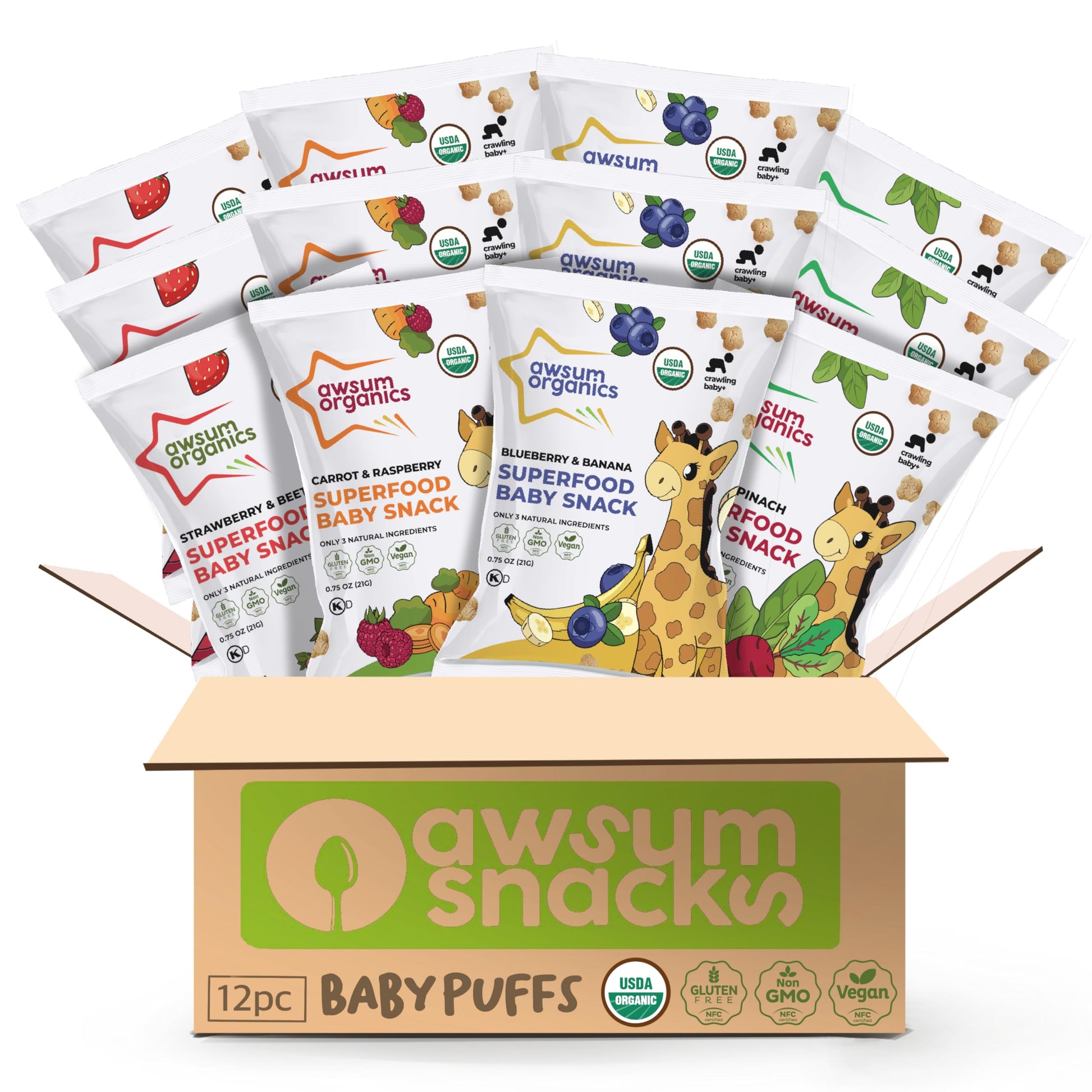 Awsum Organics Baby Snacks - Happy Healthy Baby Food - Snack For Babies - Organic Vegan Kosher Gluten Free - Natural Plant Based