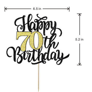 Leetaivie Happy 70Th Birthday Cake Topper, Black Gold Glitter Birthday Cake Topper, 70Th Anniversary/ 70Th Birthday Party Decora