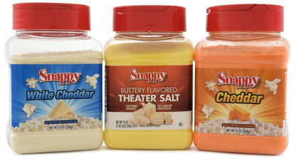 Snappy Popcorn Seasoning, Cheddar Cheese, White Cheddar Cheese, 12 oz, Buttery Flavored Theater Popcorn Salt, 19 oz, 3 Count