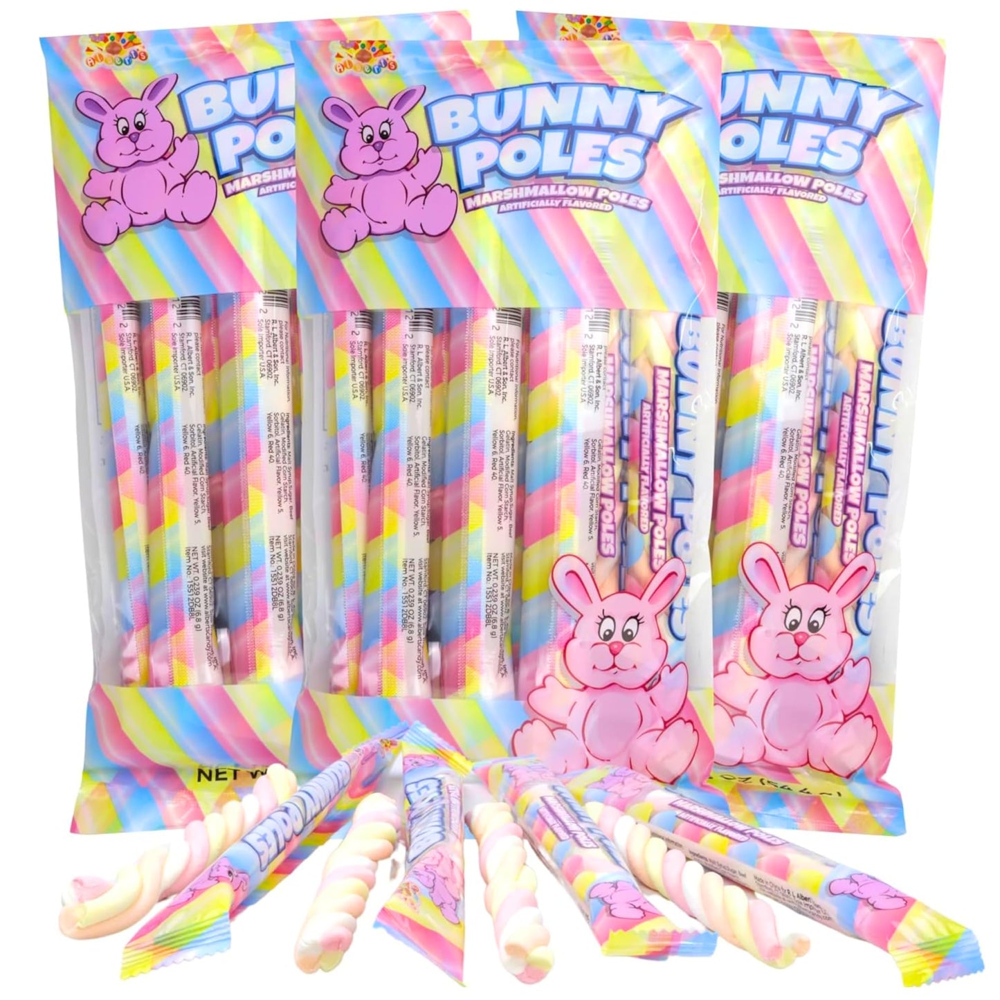 Bunny Poles Marshmallow Twists, Pastel Fluffy Candy Sticks, Individually Wrapped Party Favor Treats, (Pack of 3)