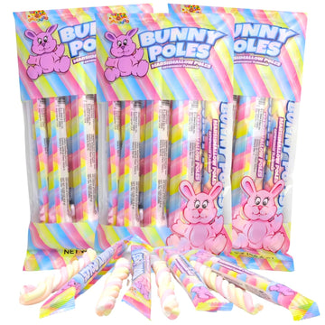 Bunny Poles Marshmallow Twists, Pastel Fluffy Candy Sticks, Individually Wrapped Party Favor Treats, (Pack of 3)