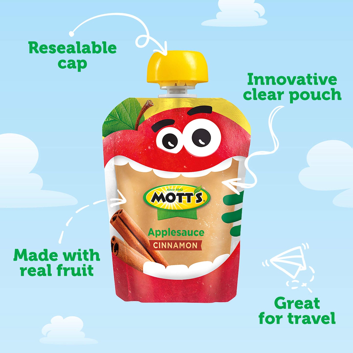 Mott'S Cinnamon Applesauce, 3.2 Oz Clear Pouches, 48 Count (4 Packs Of 12), No Artificial Flavors, Good Source Of Vitamin C, Nut