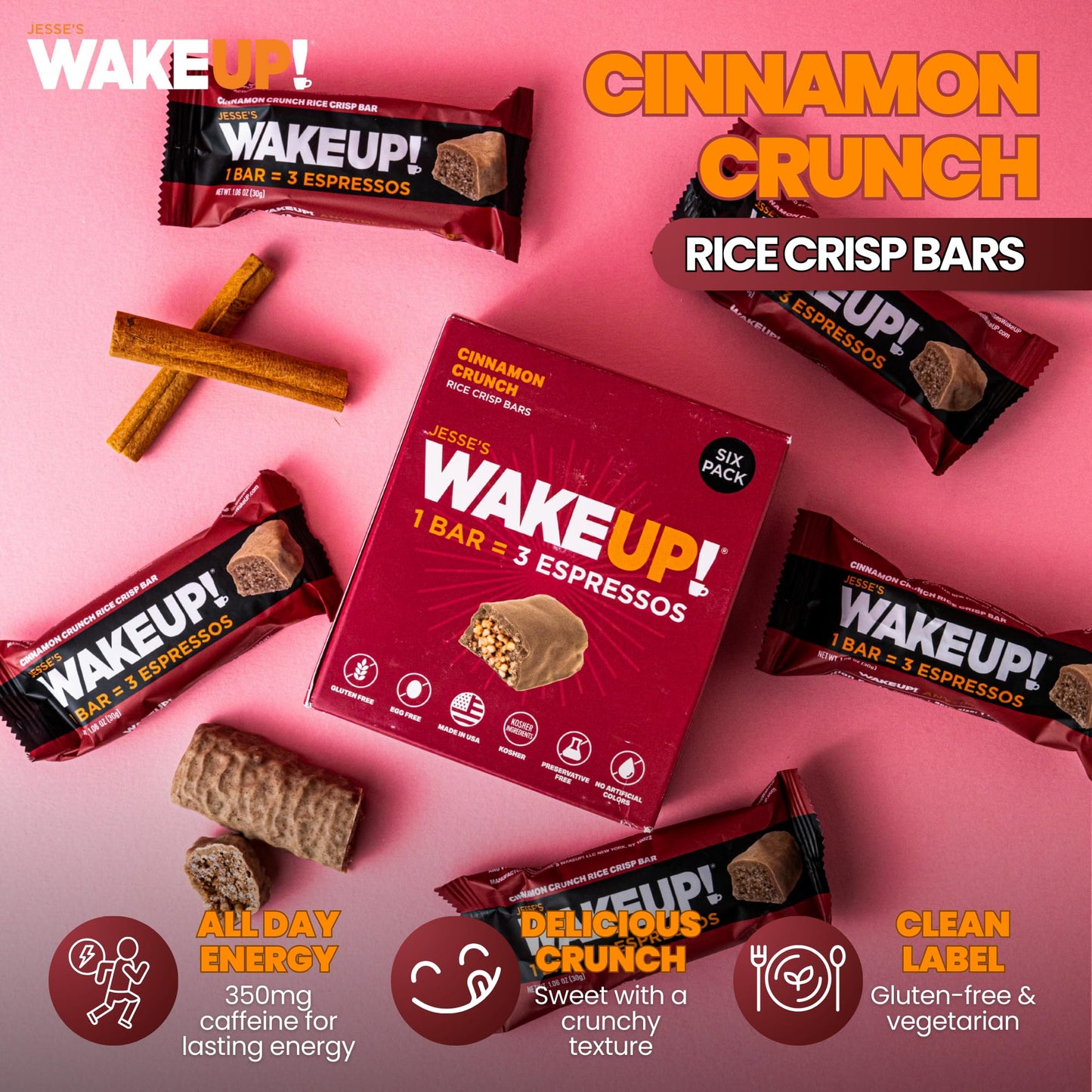 Jesses WakeUP! Cinnamon Crunch Protein Bars - 350mg Caffeine, Gluten-Free, Vegetarian, 6 Pack