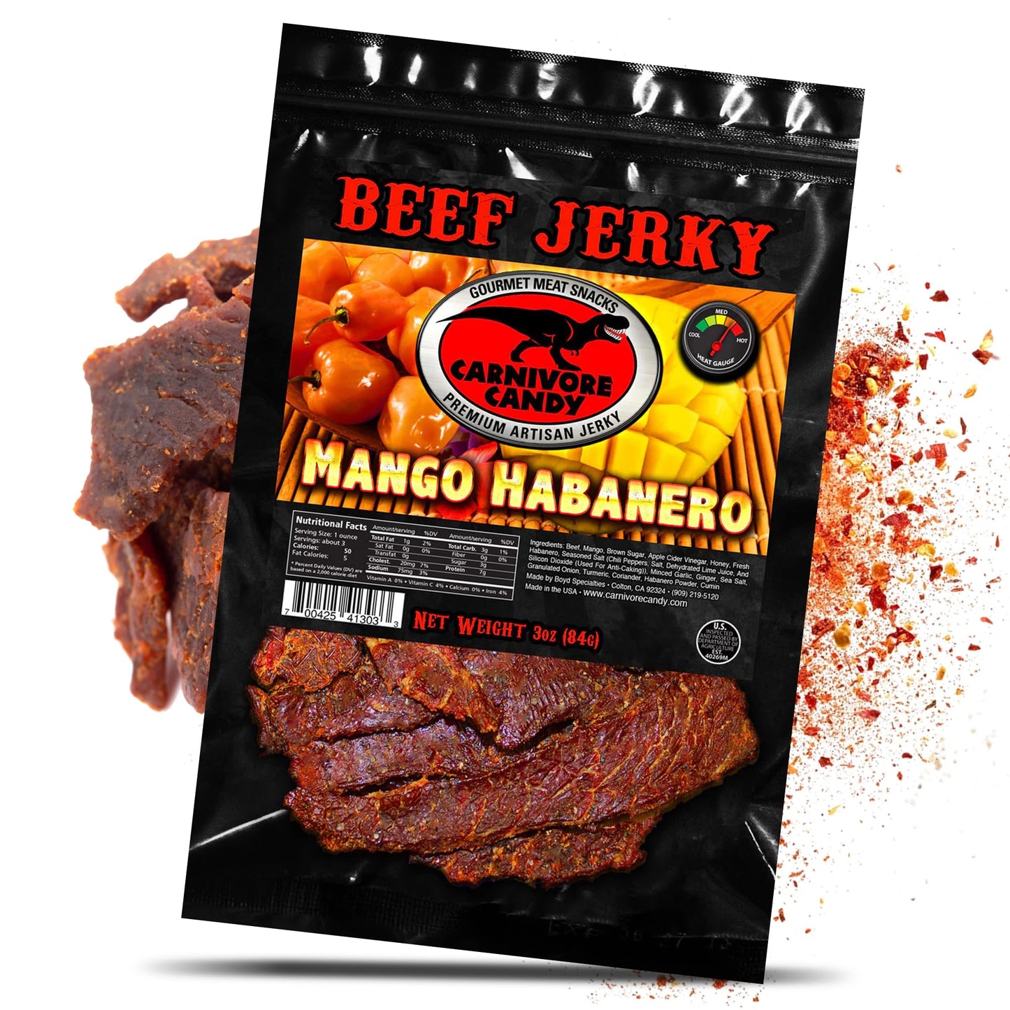 Carnivore Candy Mango Habanero Beef Jerky - No Preservatives, Low Sodium, Protein Snack, 3 Ounce (Pack of 3)