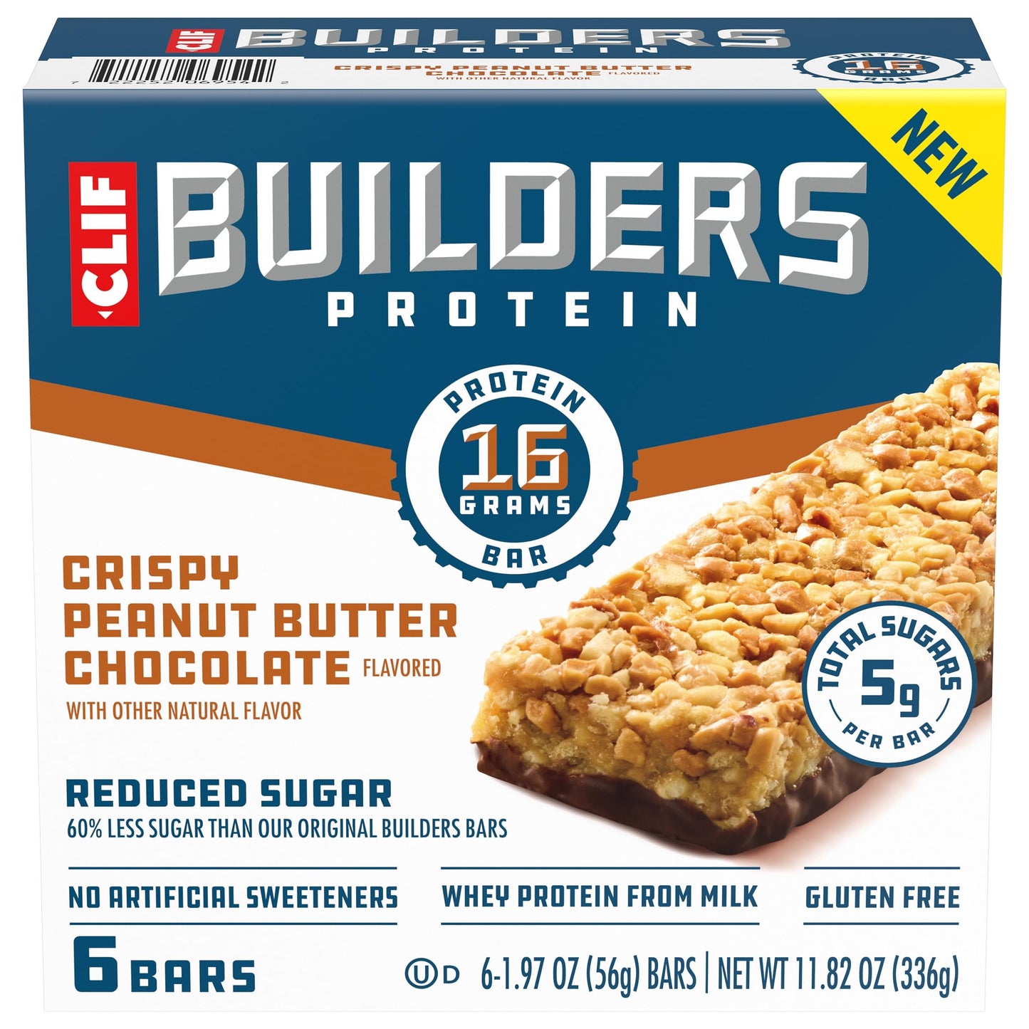 Clif Builders Protein Bars - Crispy Peanut Butter Chocolate - Reduced Sugar - Gluten Free - 16g Protein - 1.97 oz (6 Pack)
