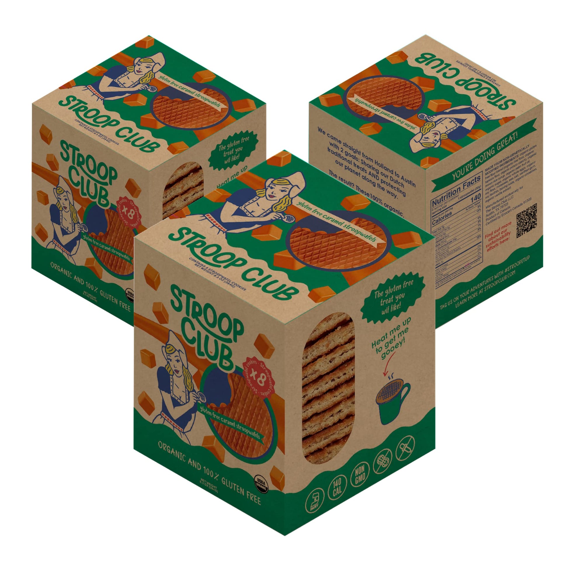 Stroop Club Gluten Free Caramel Stroopwafels - Organic Dutch Waffle Cookies - 24 Waffles (3 Packs of 8)
