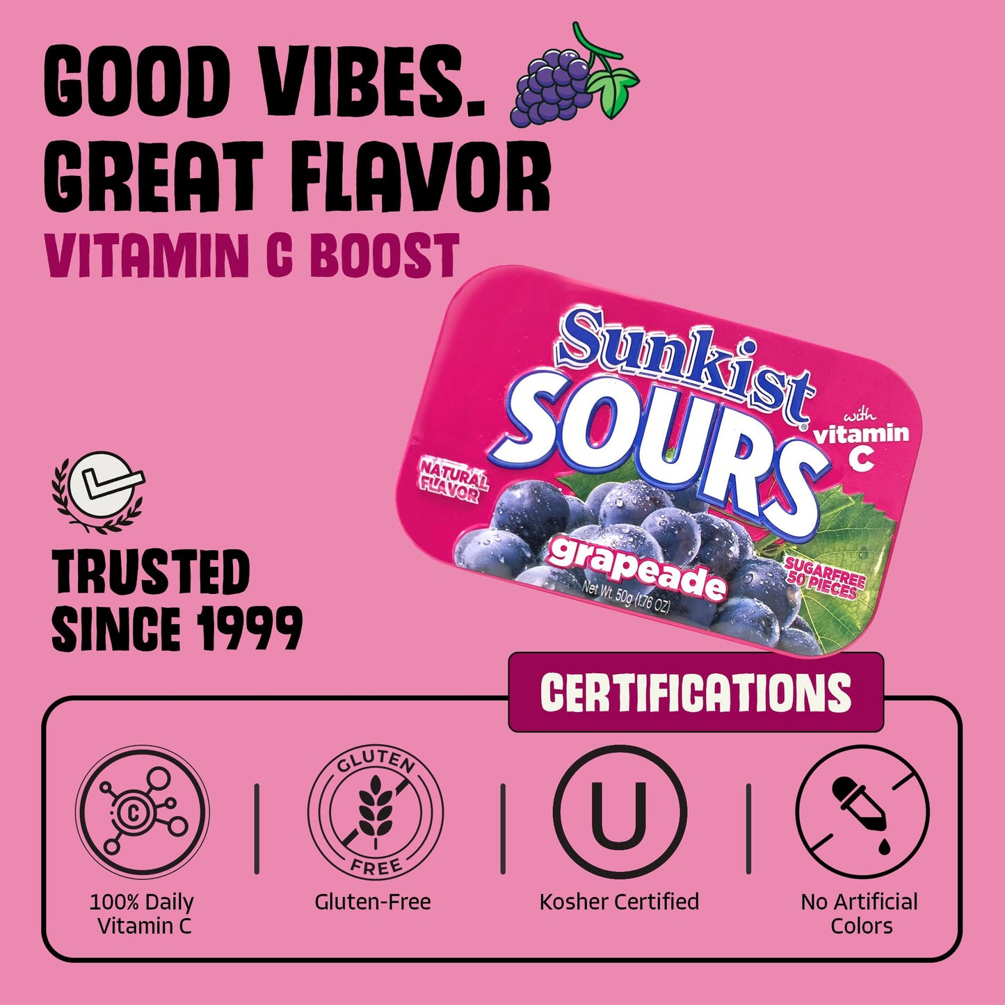 Sunkist Sours Grapeade, Vitamin C, Sugar Free Sour Candy, 1.76 Ounce Tin - 6 Count Tray