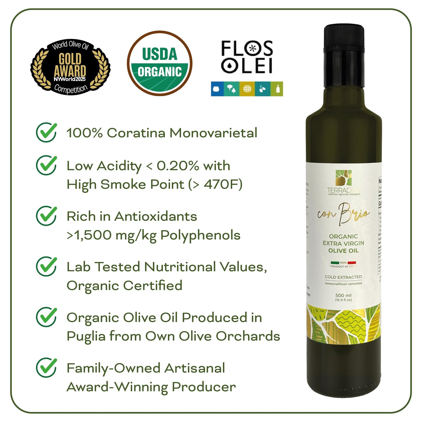 WellEatable Organic Extra Virgin Olive Oil, 16.9 fl oz, High Polyphenol, Early Harvest, Lab Tested, Cold Extracted, Green