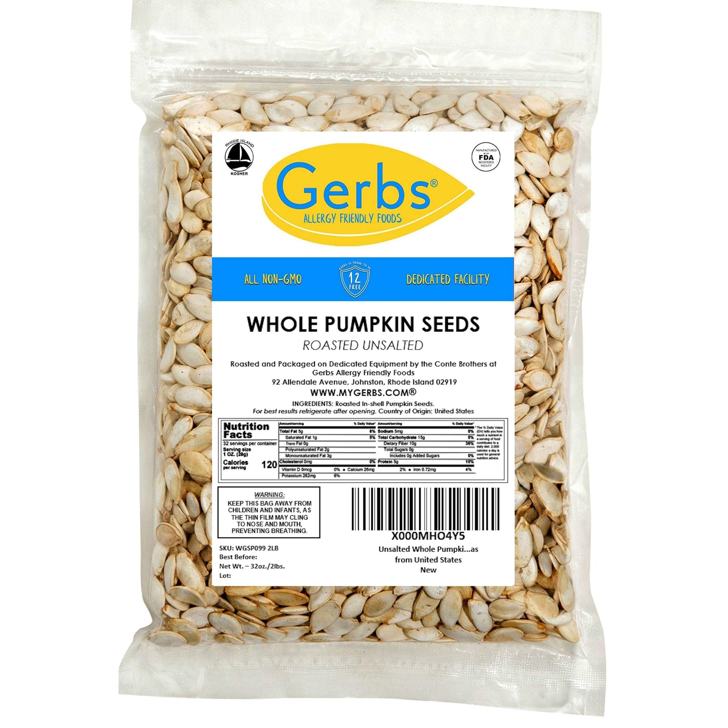 Pumpkin Seeds In-Shell (Whole) Roasted & Unsalted By Gerbs - 2 Lbs Premium Grade Aa Pepitas - Top 10 Food Allergen Free - Vegan & Kosher - Seed Country Of Origin Usa - Made In Rhode Island