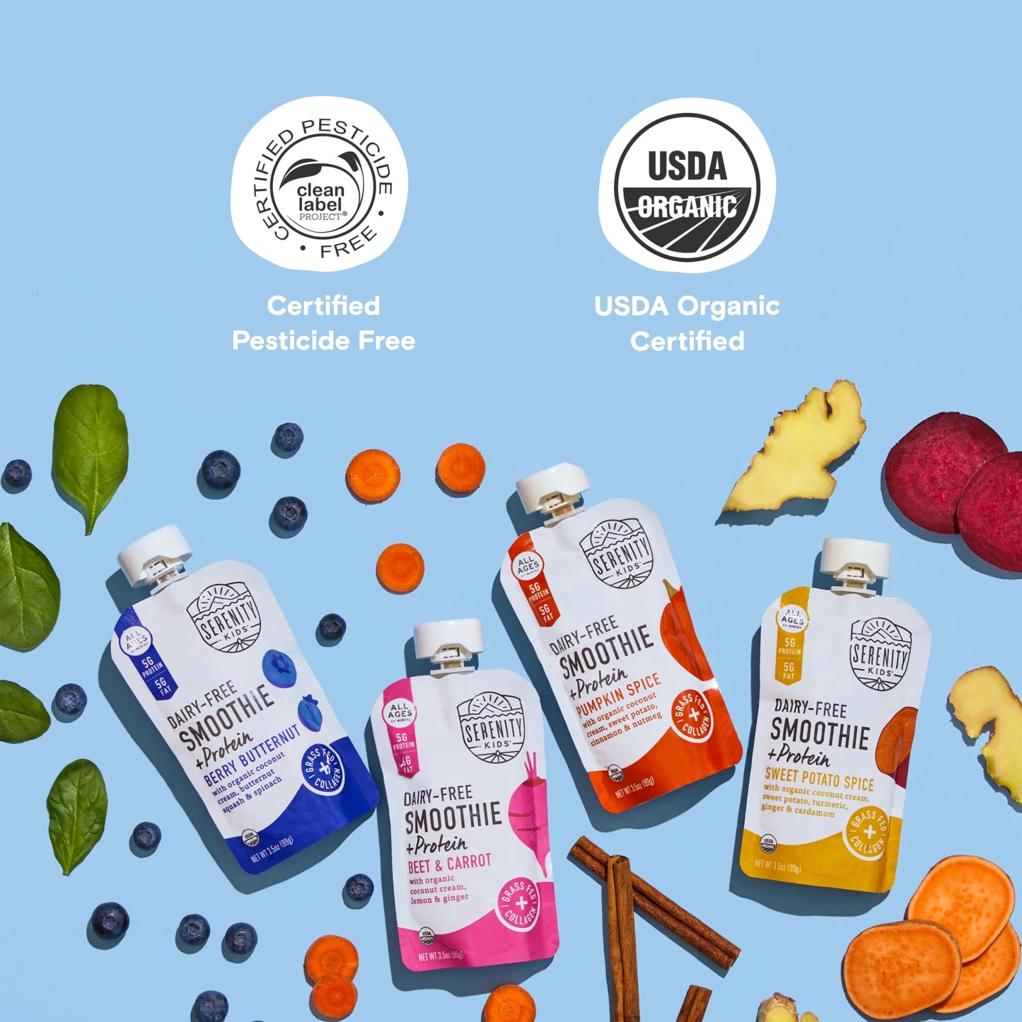 Serenity Kids 6+ Months Dairy-Free Smoothie Baby Food - USDA Organic Grass-Fed Collagen Protein - 3.5 Oz BPA-Free Pouches - Vari
