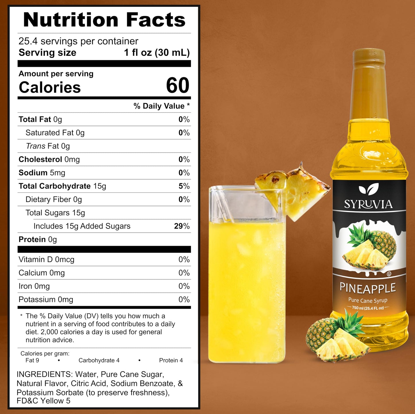 Syruvia Pineapple Syrup - Pineapple Syrup Flavor, 25.4 Fl Oz - Perfect For Cocktails, Ice Tea, Desserts, Italian Sodas, Ice And