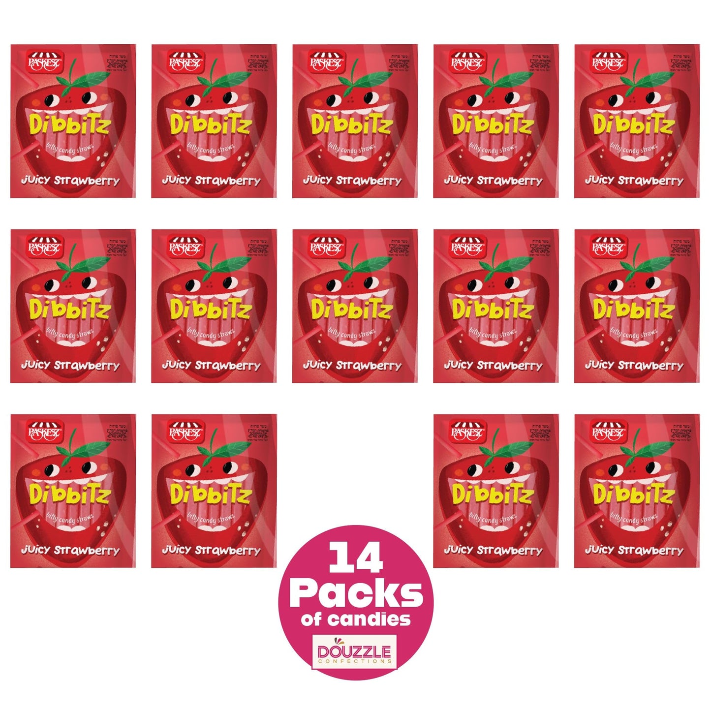 Douzzle Dibbitz Strawberry, Candy Filled Straw Sticks (14 Count, Pack Of 1) Individually Wrapped Candies, Birthday Party Favors,