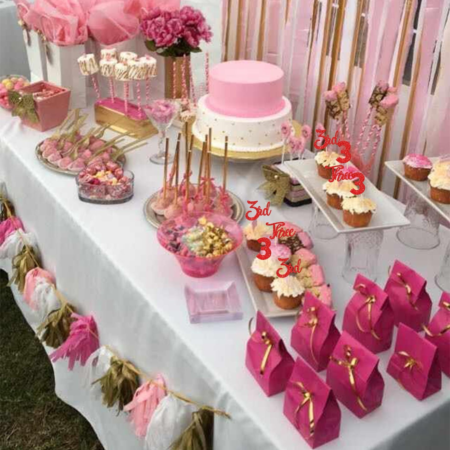 24 Pcs Three Cupcake Toppers Glitter 3Rd Birthday Cupcake Picks Number 3 Third Birthday Three Cake Decorations For Baby Shower K