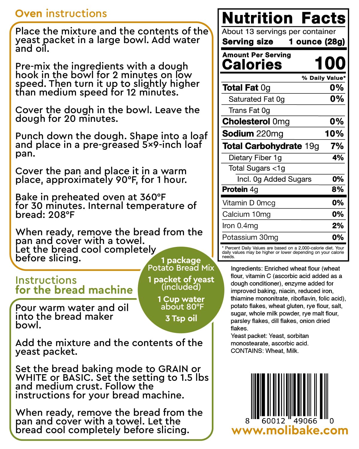 Molibake Potato Bread Mix - All-Natural Baking Mix for Bread Machine & Oven, Pack of 4