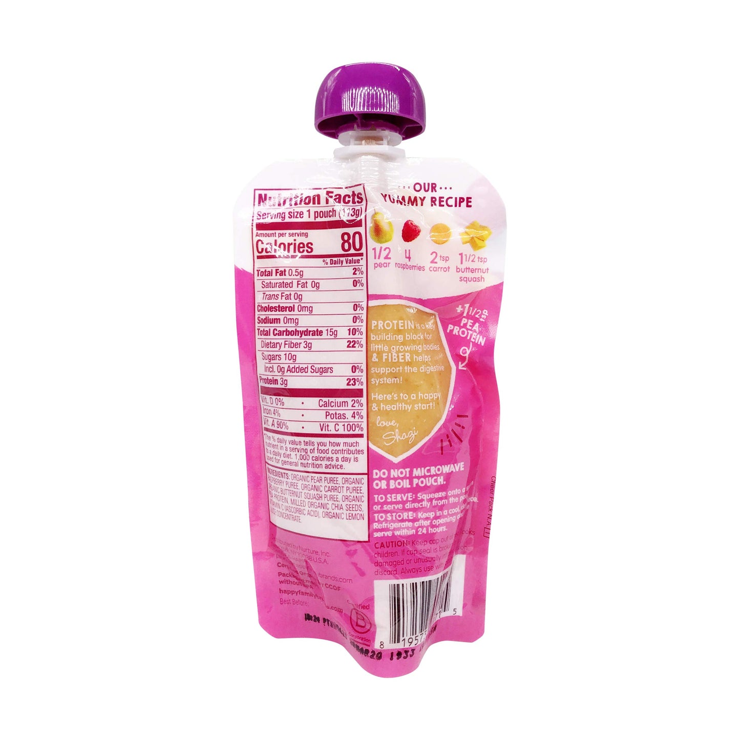 Happy Tot Organics Baby Food Fibre Protein Peer Raspberry Squash Organic, 4 Ounce