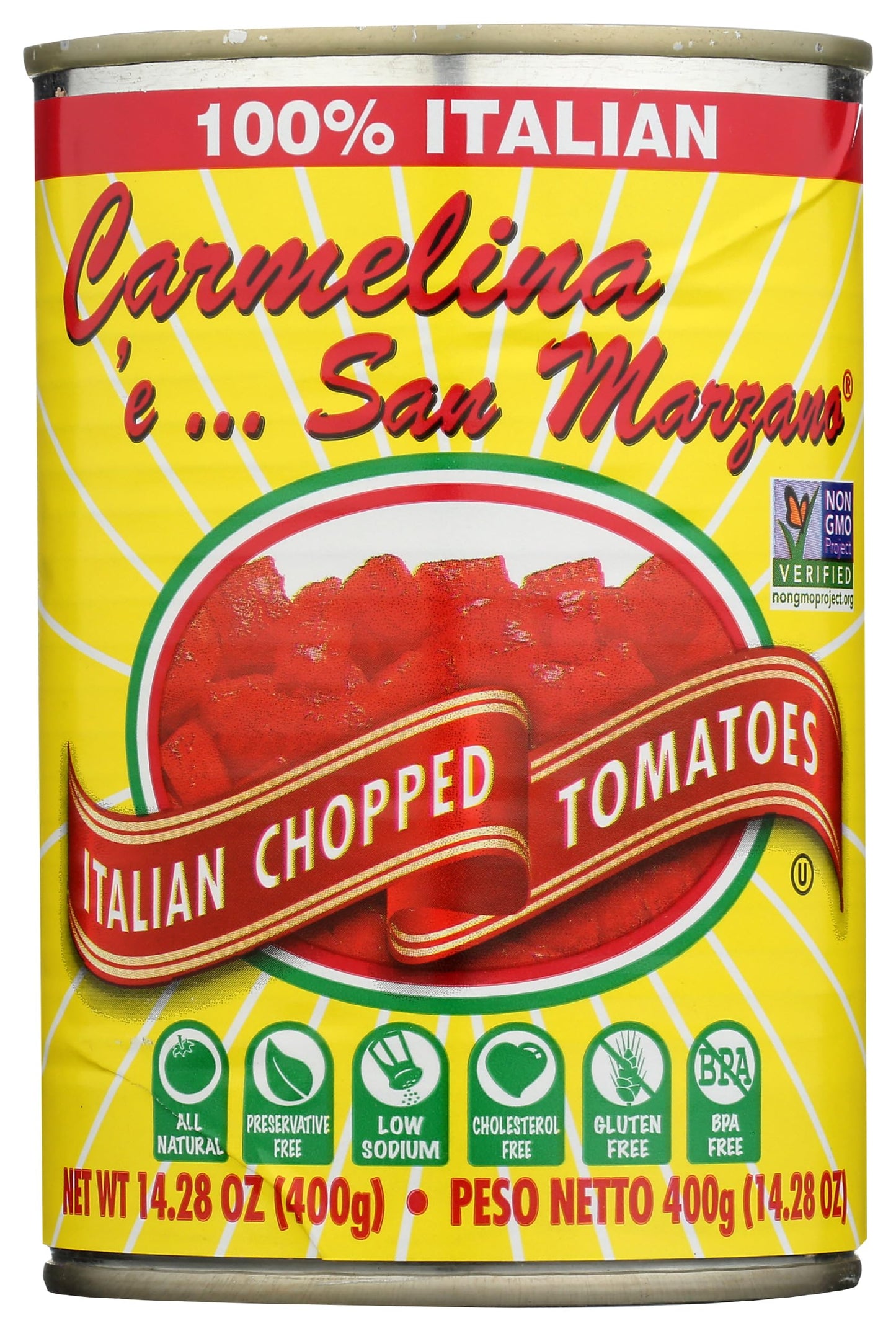 Carmelina E San Marzano Italian Chopped Tomatoes in Puree, All Natural, Low Sodium, No Preservatives, Kosher, Gluten Free & Non-