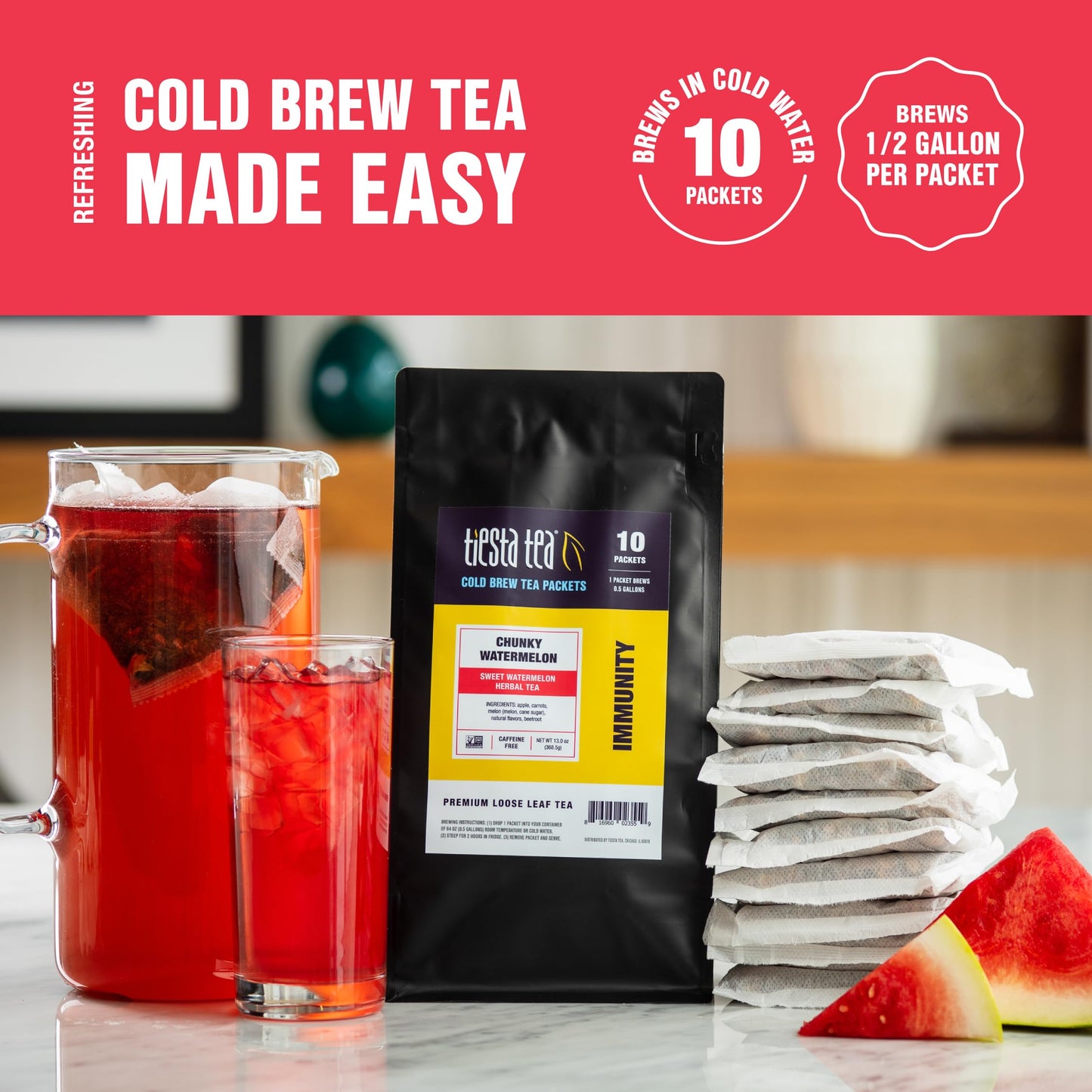 Tiesta Tea Chunky Watermelon Cold Brew Tea Pack - Non-Caffeinated Loose Leaf Blend - 64 oz Per Bag (Pack of 10)