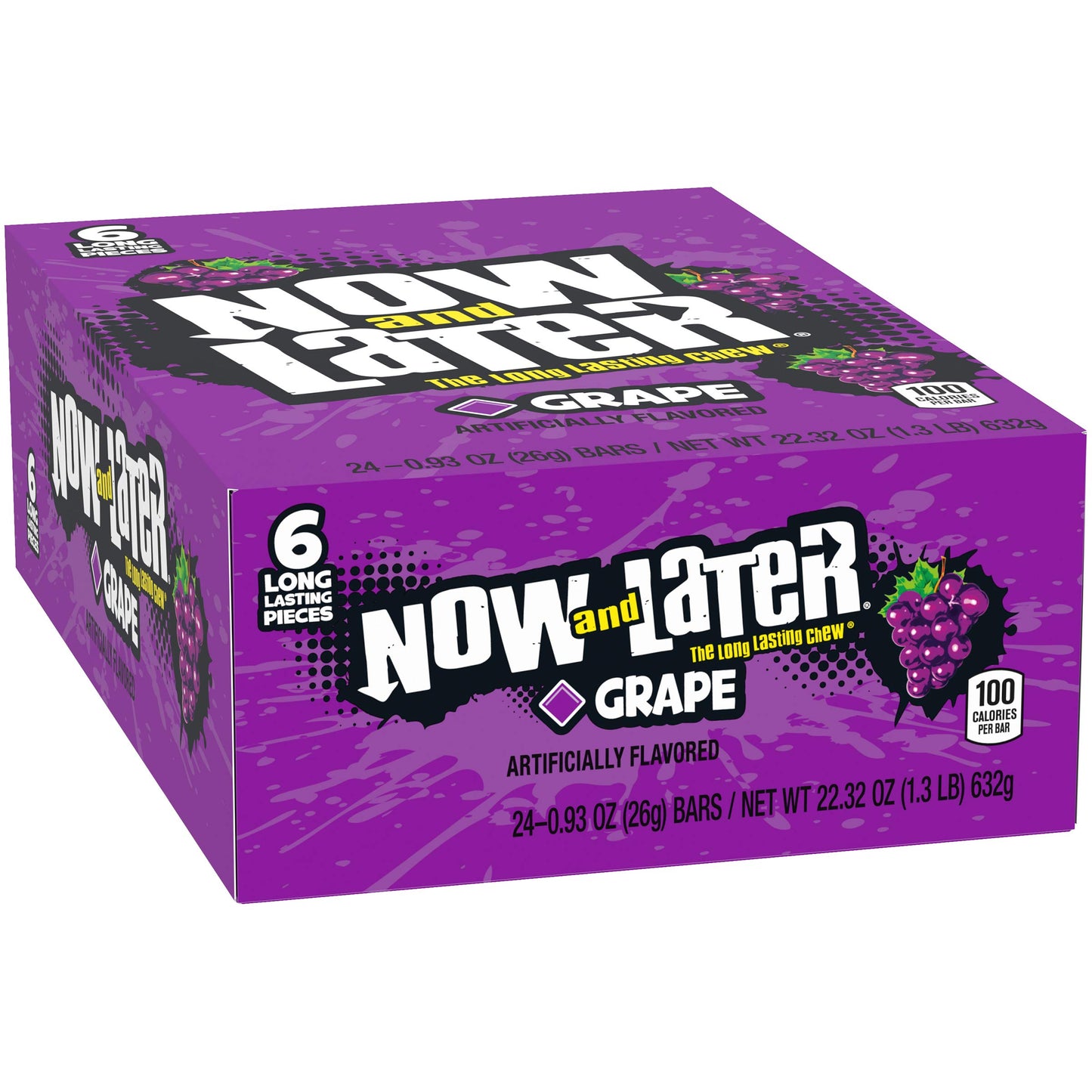Now & Later Original Taffy Chews Candy, Grape, 6 Count, 0.93 Ounce Bar, Pack Of 24