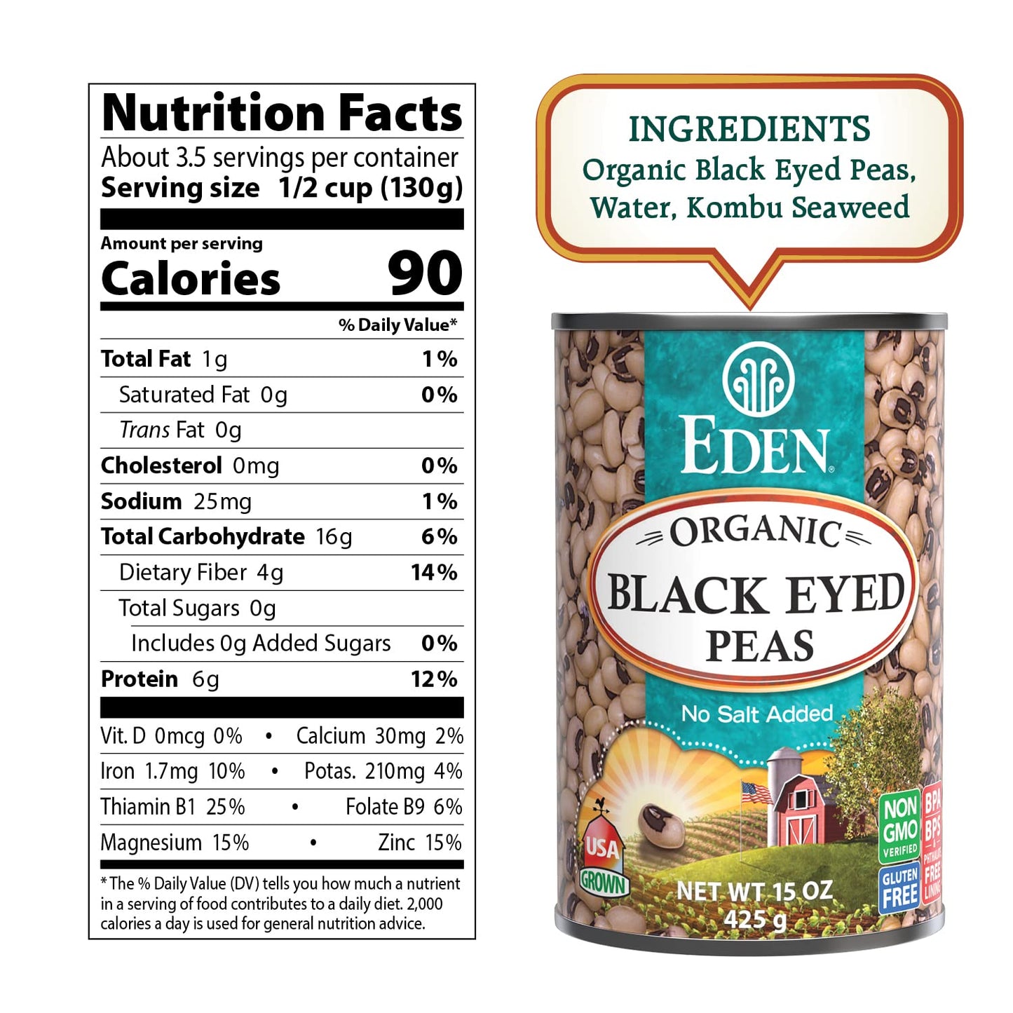 Eden Organic Black Eyed Peas, No Salt Added, 15-Ounce Cans (Pack of 12)
