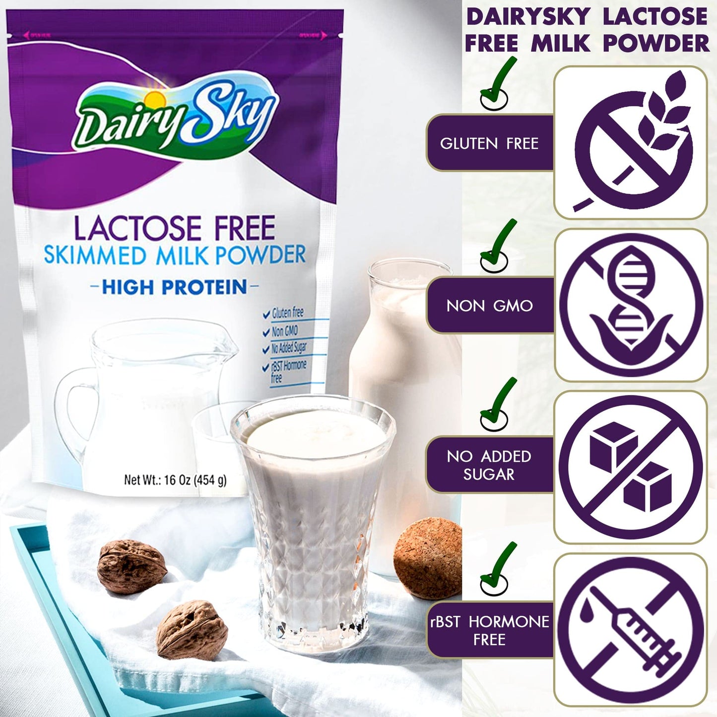 Dairysky Lactose Free Skim Milk Powder, 16oz, Non-GMO, Fat-Free, Kosher, Great for Baking & Coffee