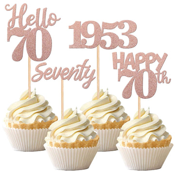 24 Pcs Black Happy 70Th Birthday Cupcake Toppers Glitter Hello 70 Cupcake Picks Seventy Since 1953 Cake Decorations For Happy 70
