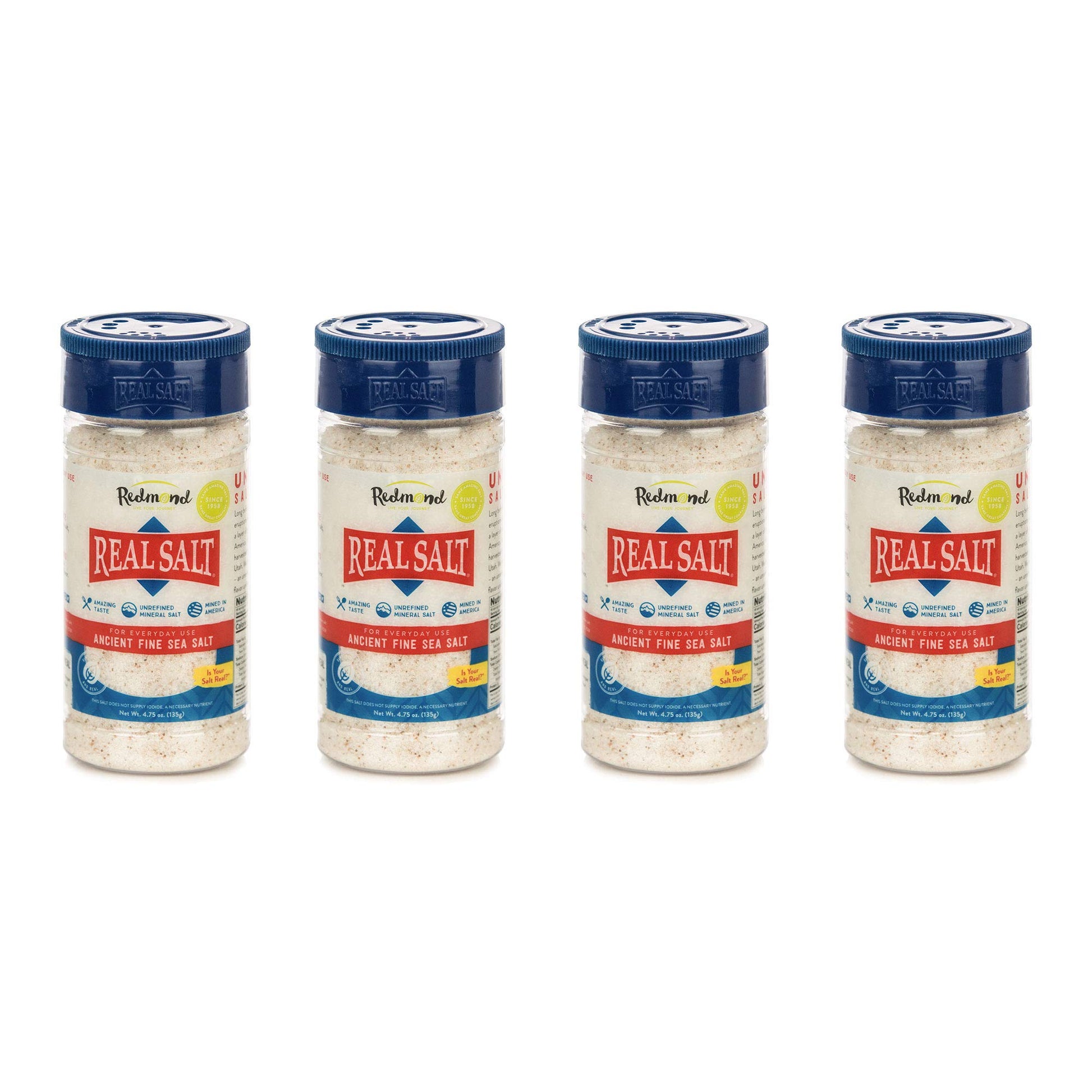 Redmond Real Sea Salt - Natural Unrefined Gluten Free Fine, 4.75 Ounce Shaker (4 Pack)