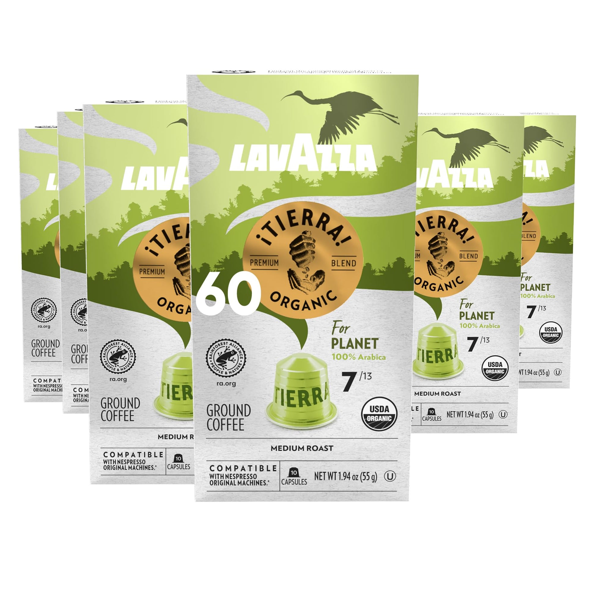 Lavazza ¡Tierra! For  T Aluminum Capsules Compatible With Nespresso* Original Machines, Medium Espresso Roast, 100% Arabica (60 Capsules)