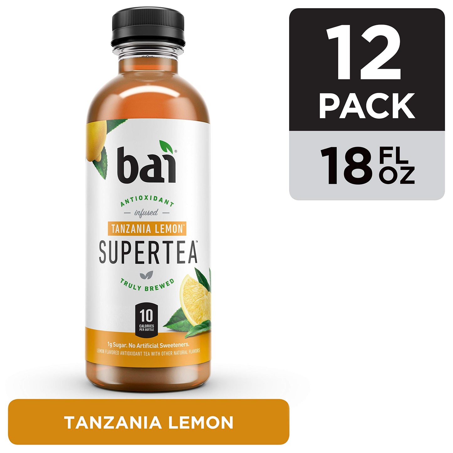 Bai Iced Tea, Antioxidant Infused Supertea, Tanzania Lemon, 18 Fl Oz Bottles, Pack of 12