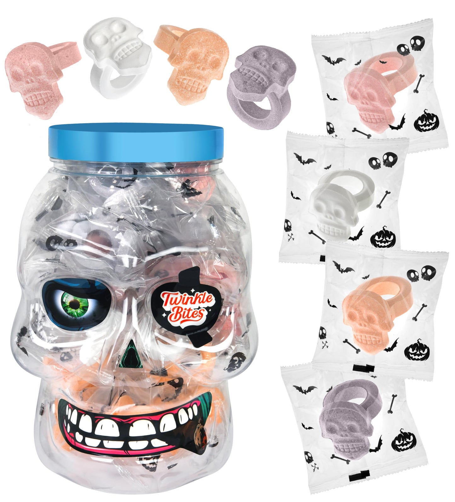 30 Pack Halloween Ring Candy - Individually Wrapped Holiday Themed Skull Candys Packed in a Skull Jar - Trick Or Treat Strawberr
