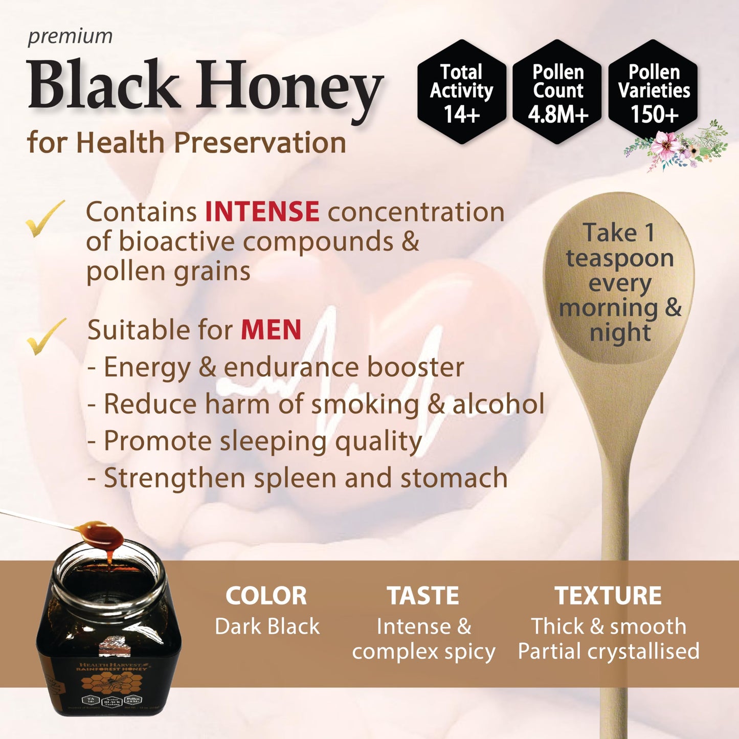 Enhanced Tualang Black Honey 13Oz (Ta 14+, Pollen Count 4.8M+, Pollen Variety 150+) Intense Choice For Men Preservation, Wild-Ripening On 250Ft Treetop, Raw, Unpasteurised, Unfiltered