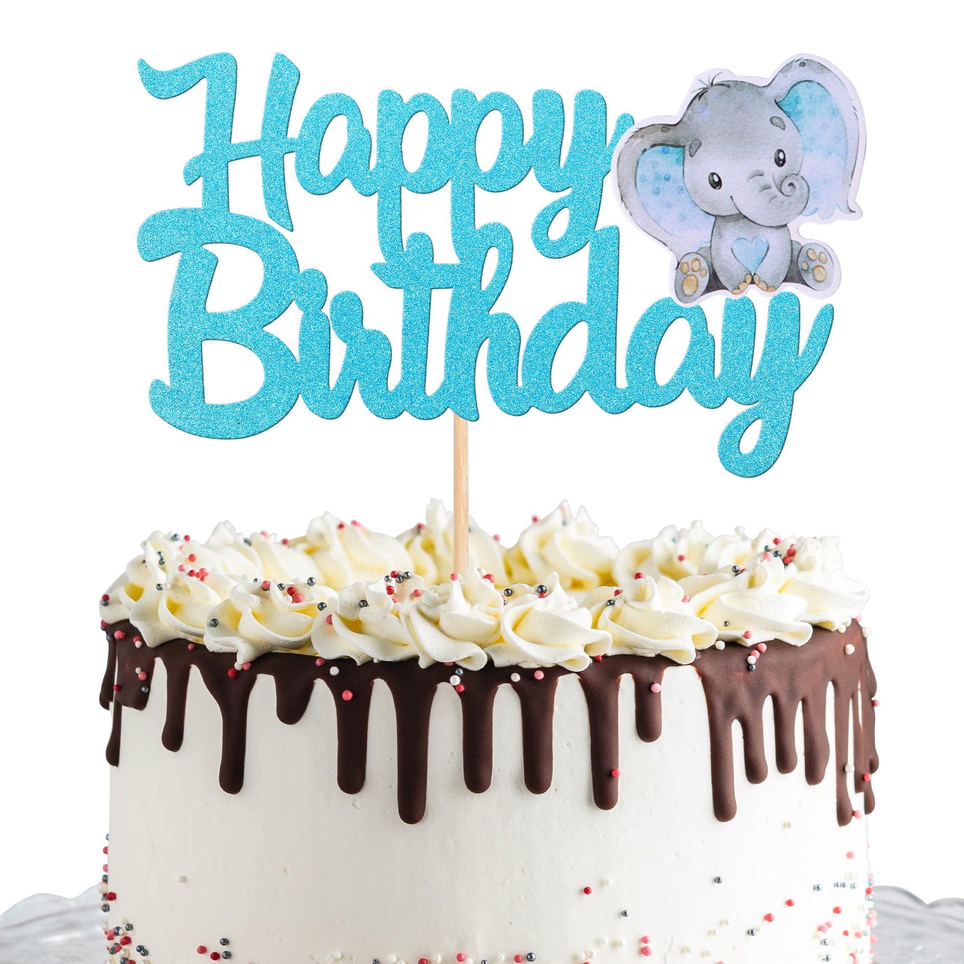 1 Pcs Blue Elephant Happy Birthday Cake Topper Glitter Jungle Animal Elephant Birthday Cake Pick Decorations For Elephant Theme