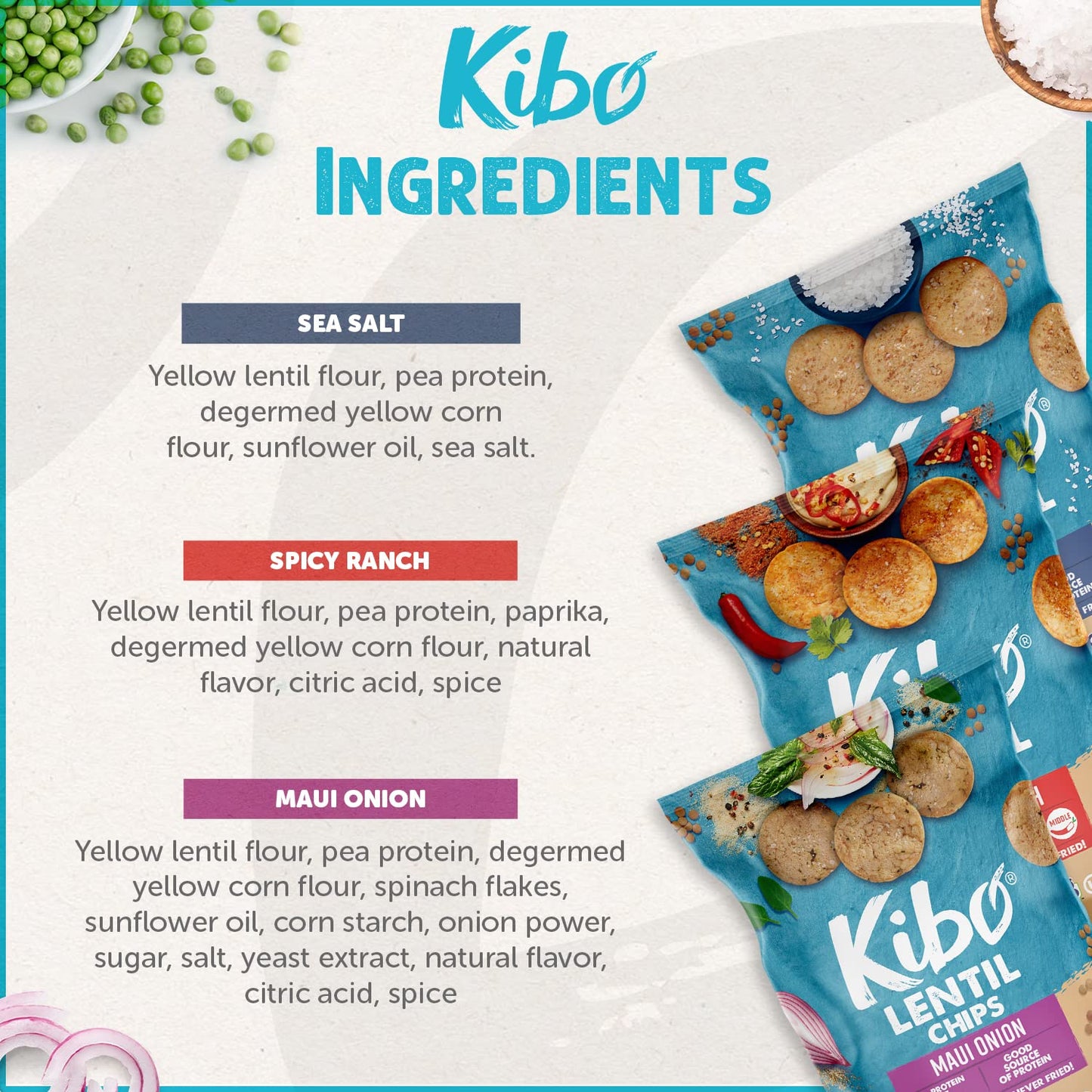 KIBO FOODS Lentil Chips Variety Pack - Gluten-Free, Vegan, Non-GMO - 12 Pack, 28g Each - Maui Onion, Sea Salt, Spicy Ranch