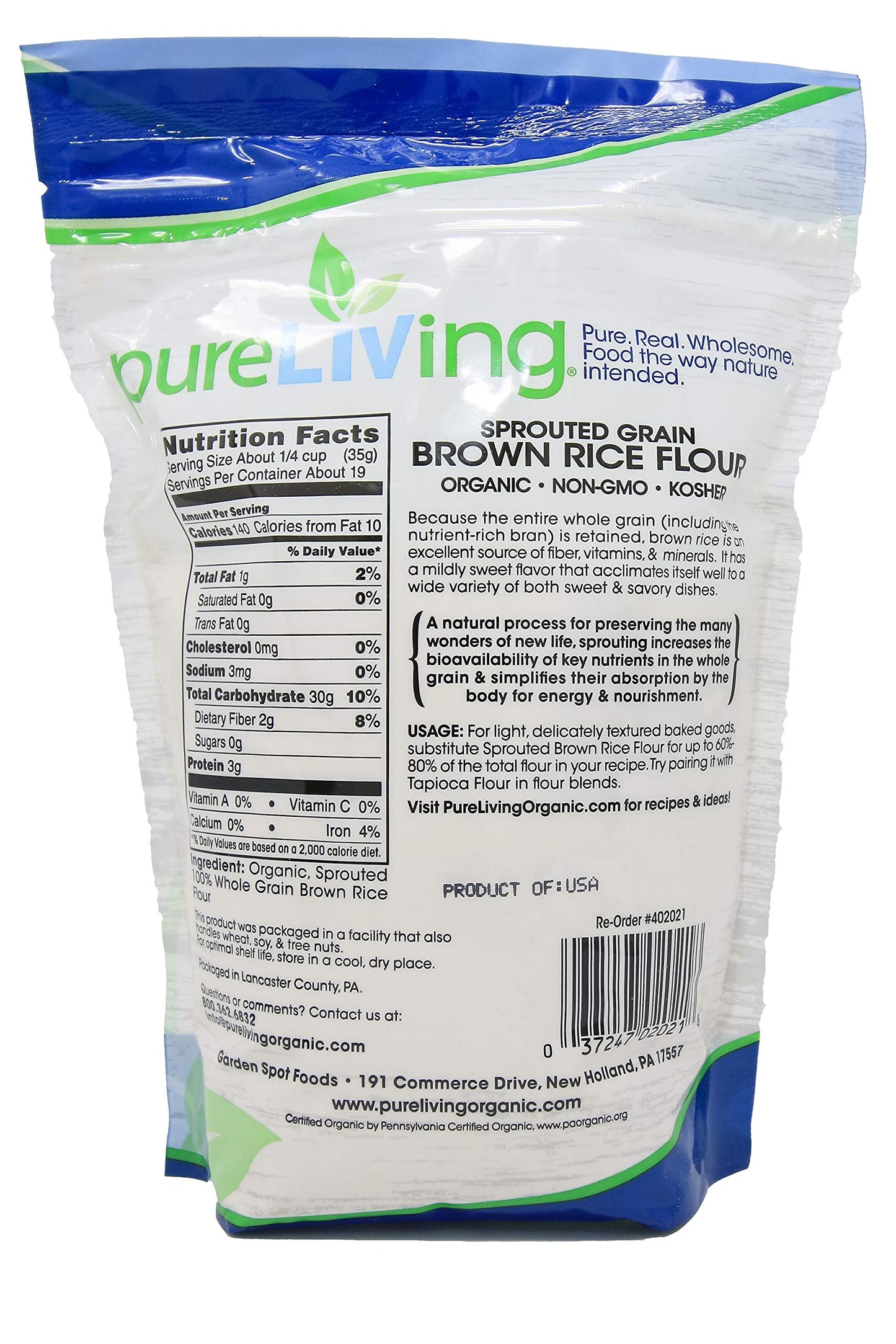 Pure Living Organic Sprouted Brown Rice Flour - 24 oz (1.5 lb) Pack
