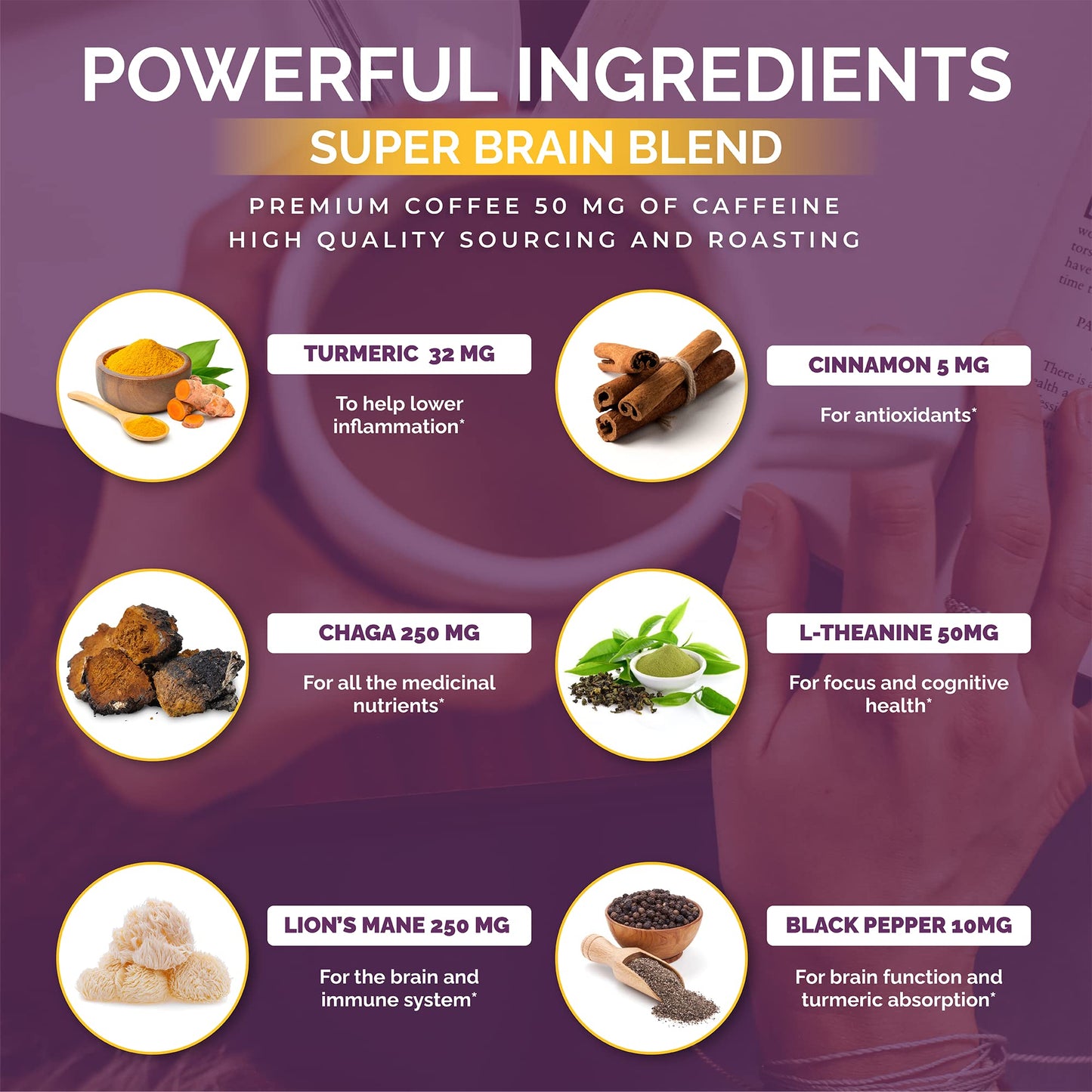 Grateful Earth Mushroom Coffee, Coconut Instant Coffee With Cinnamon, Turmeric, Lions Mane Mushrooms, L-Theanine, Chaga, Super B