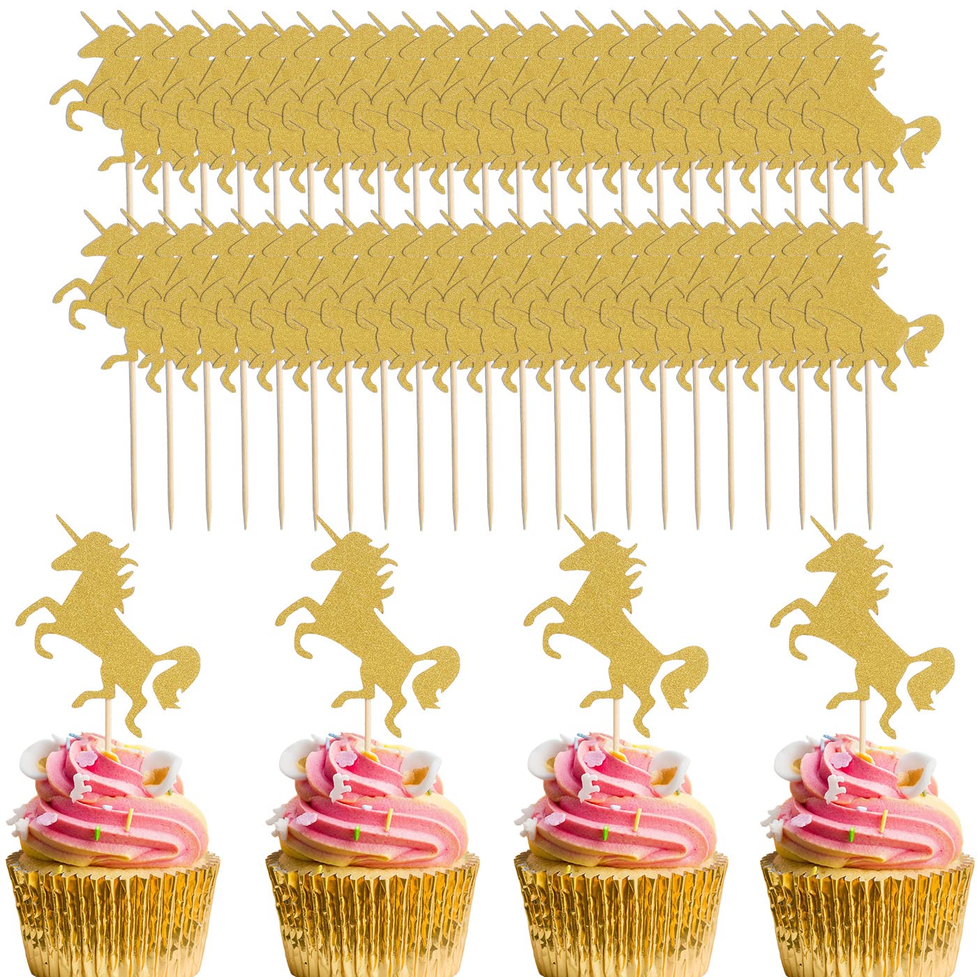 48 Pcs Gold Unicorn Cupcake Toppers - Horse Birthday Party Cupcake Topper, Baby Shower/Girls And Boy Unicorn Themed Birthday Par