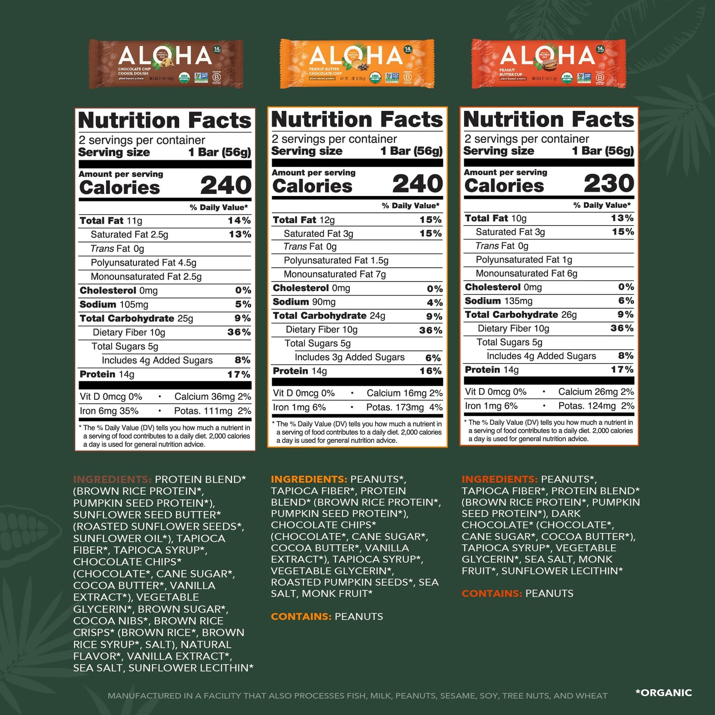 ALOHA Organic Plant Based Protein Bars - Vegan, Low Sugar, Gluten-Free - 12 Count Variety Pack (3 Flavors)