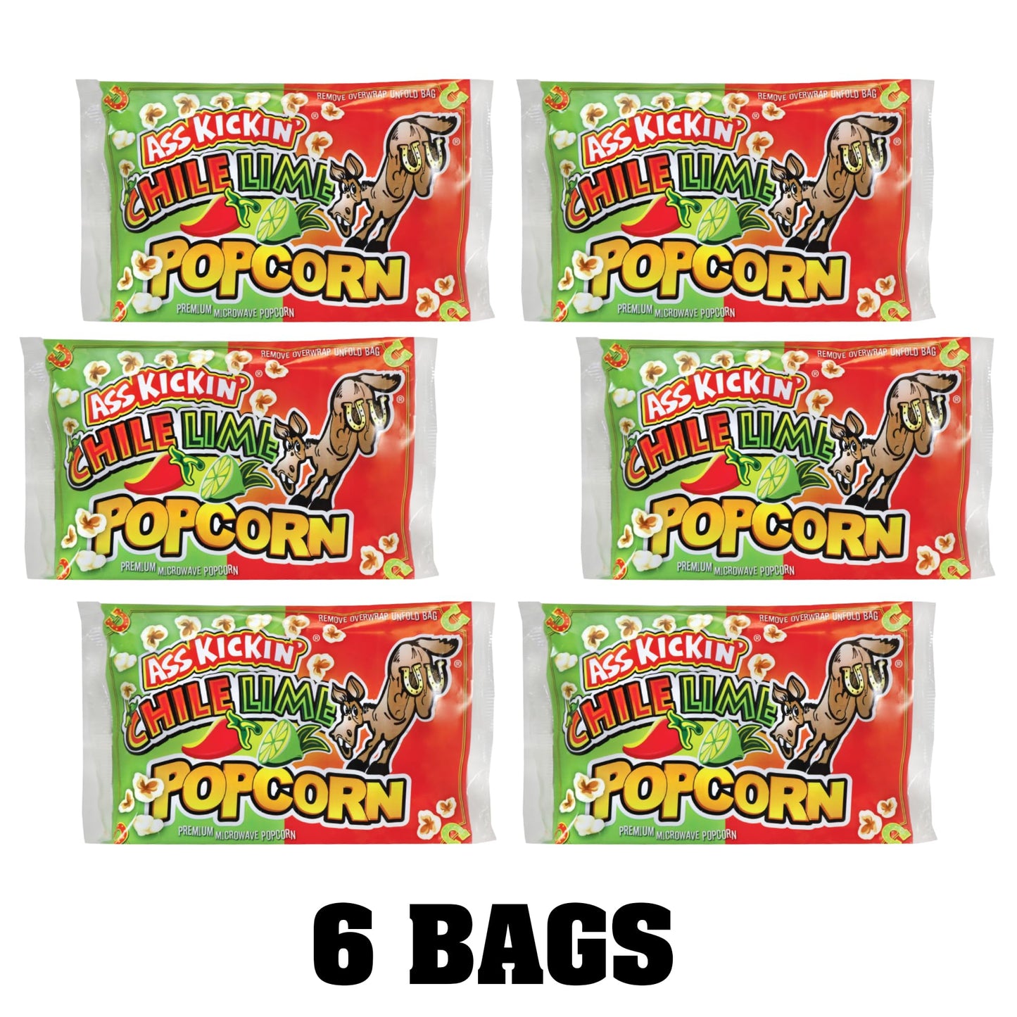 ASS KICKIN Chile Lime Microwave Popcorn - 6 Pack, 3.5 Ounce - Spicy Gourmet Snack for Movie Night
