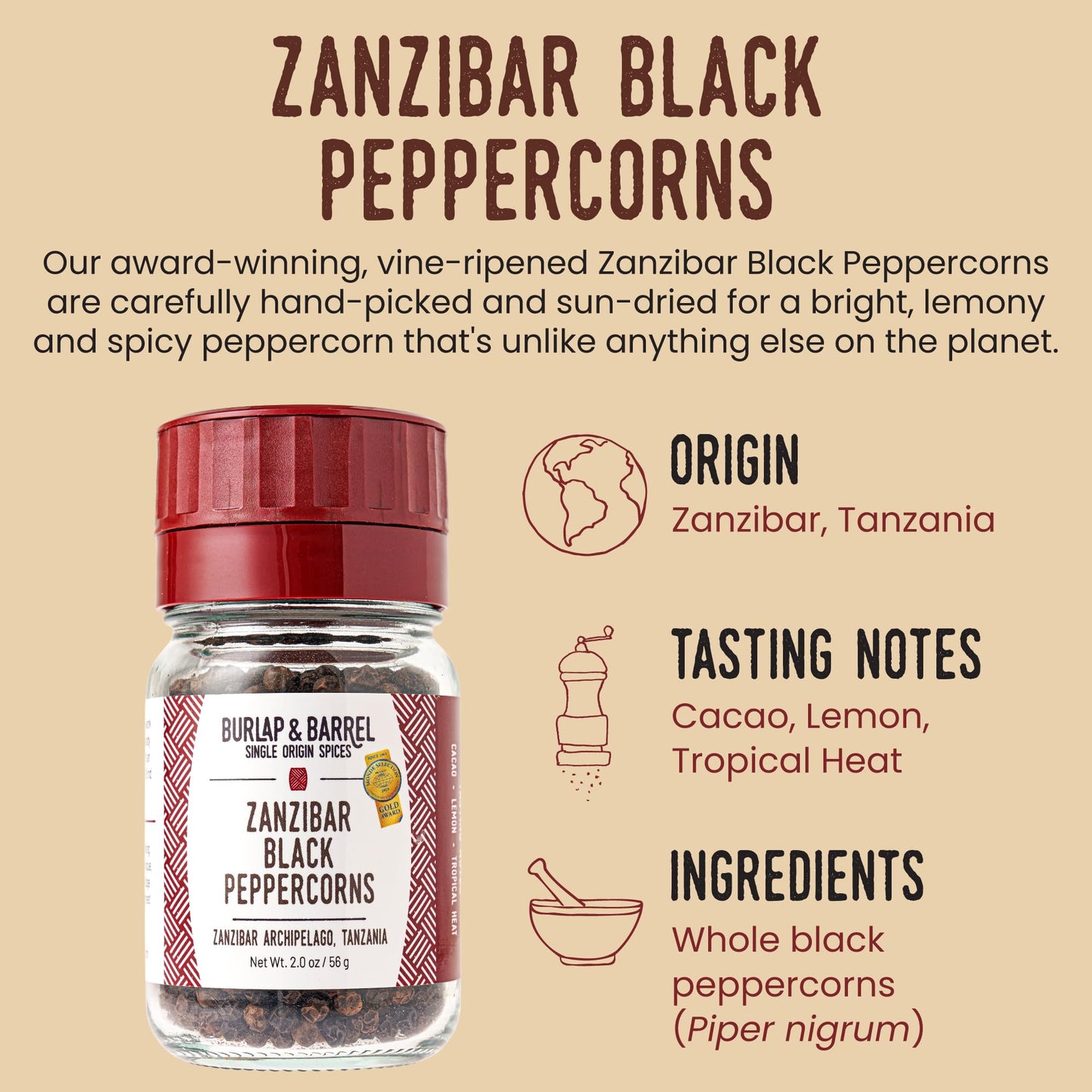 Burlap & Barrel Zanzibar Black Peppercorns - Whole, Bright, Lemony Flavor - 2 Oz Grinder-Top Glass Jar