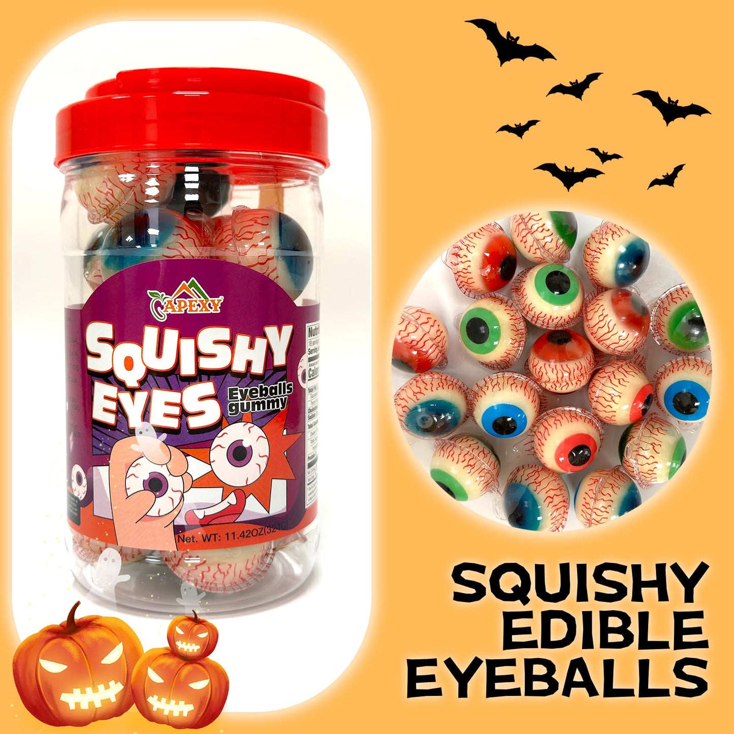 APEXY Eyeball Gummy Candy with Fruity Liquid Center, Fat Free, 11.42oz, Perfect for Halloween & Themed Parties