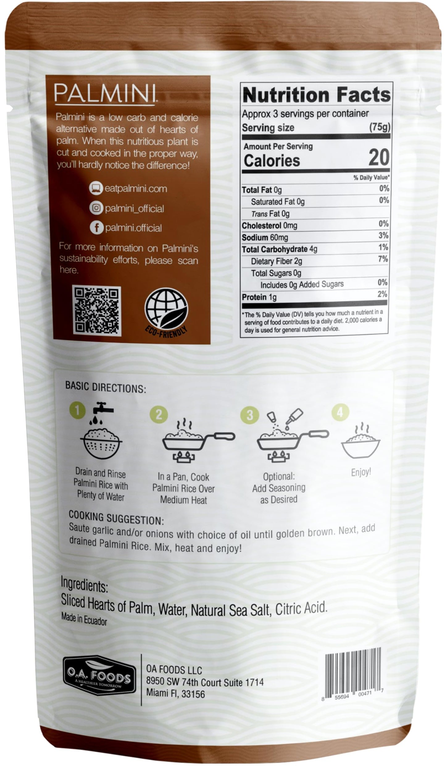Palmini Rice | Low-Carb Hearts of Palm Rice | Gluten Free, Vegan | 12 Ounces Pouch | Model QUI017
