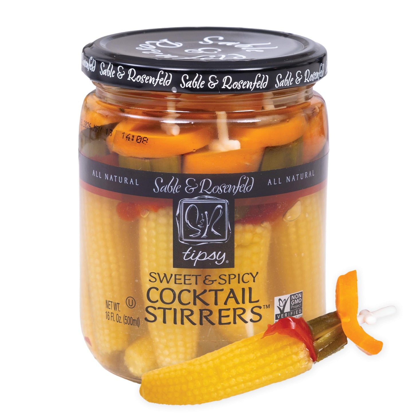 Sable & Rosenfeld Cocktail Stirrers, Sweet & Spicy Pickled Vegetable Garnish, 16 Fl Oz Jar, Non-GMO, Kosher, Gluten-Free